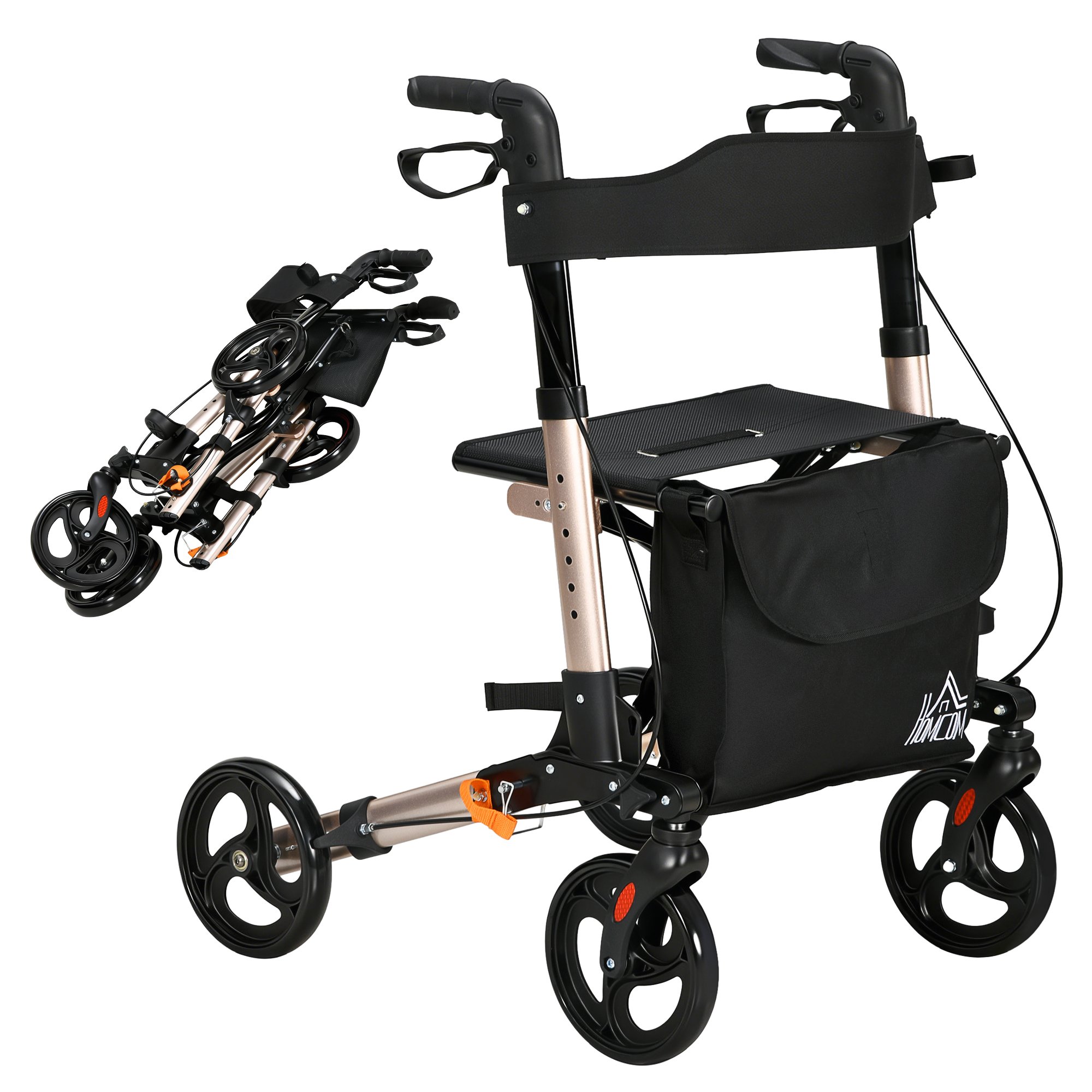 HOMCOM Adjustable Height Rollator Walker with Seat and Wheels - Gold Tone