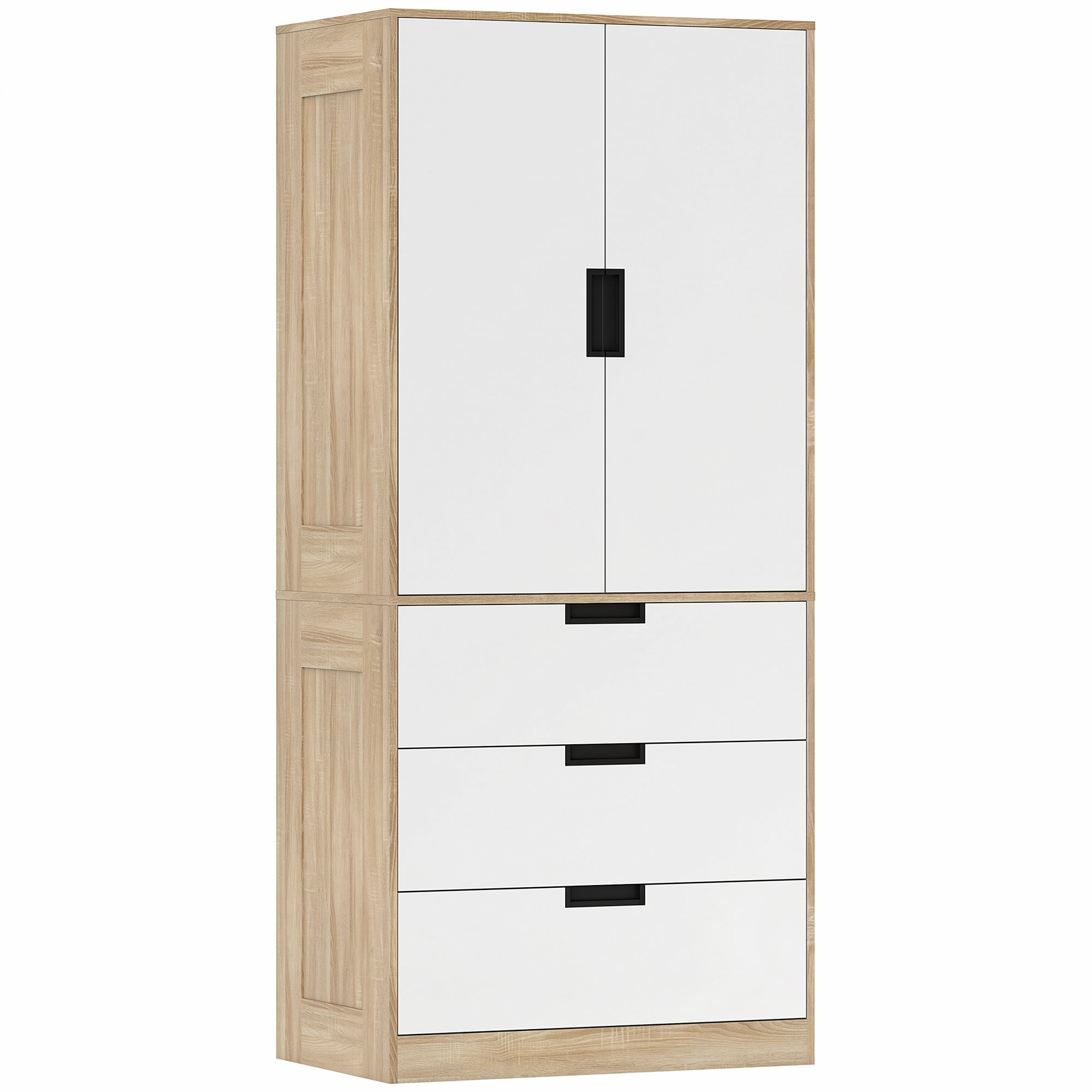 HOMCOM 2 Door Wardrobe with 3 Drawers and Hanging Rail - Oak