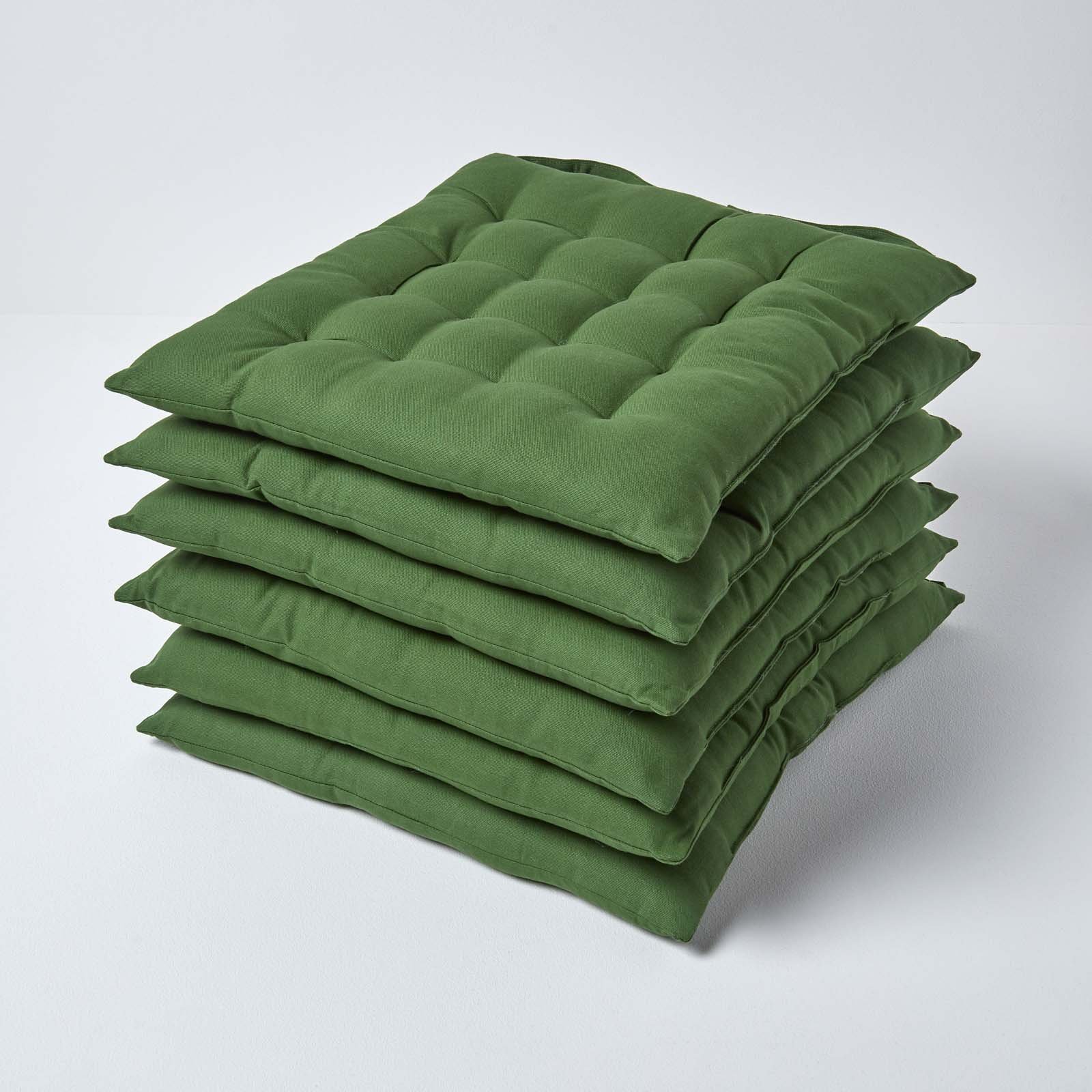 Homescapes Pack of 6 Cotton Seat Pad Chair Cushions - Dark Olive