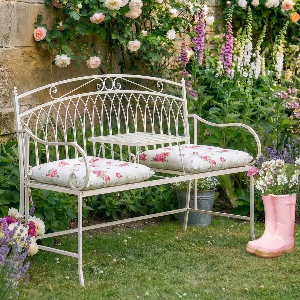 Dibor Gothic Arch 2 Seater Garden Bench with Collapsible Table - White