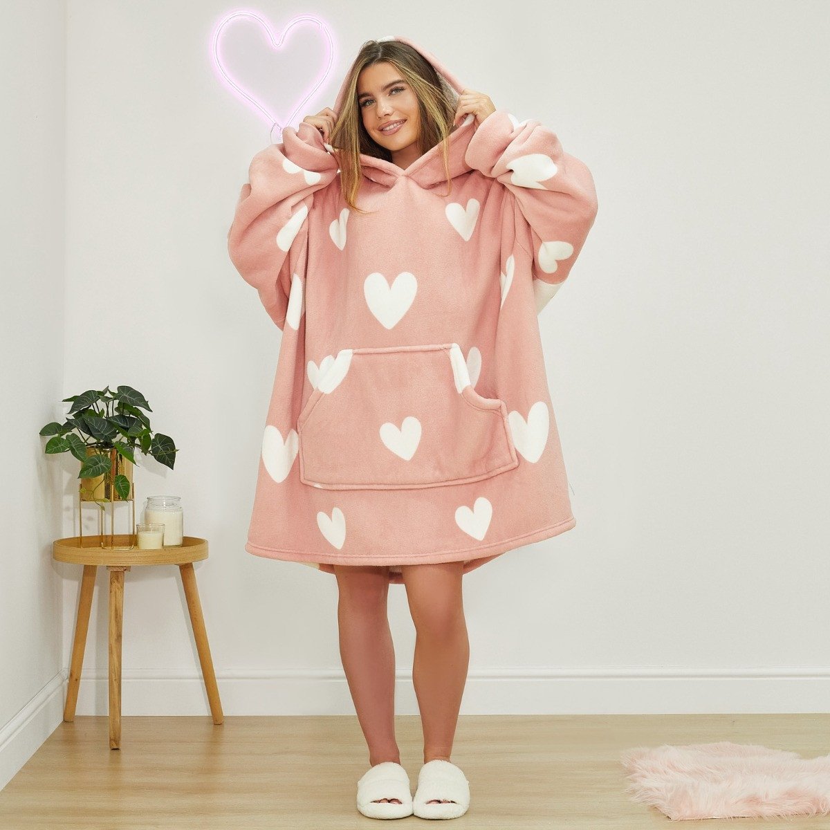 OHS Heart Print Hoodie Blanket - One Size - Blush