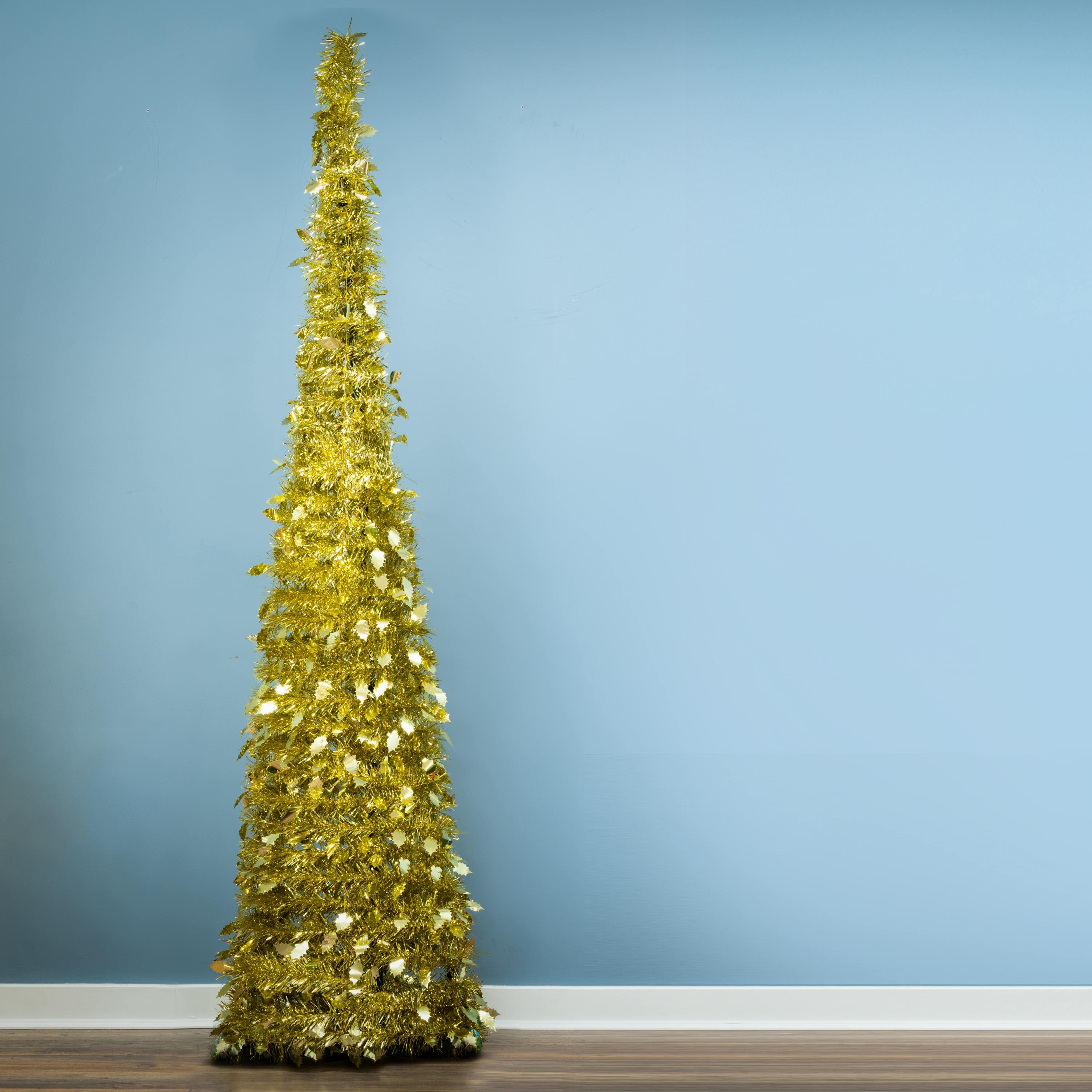 Christmas Tree World 6ft Slim Gold Tinsel Pop-Up Christmas Tree