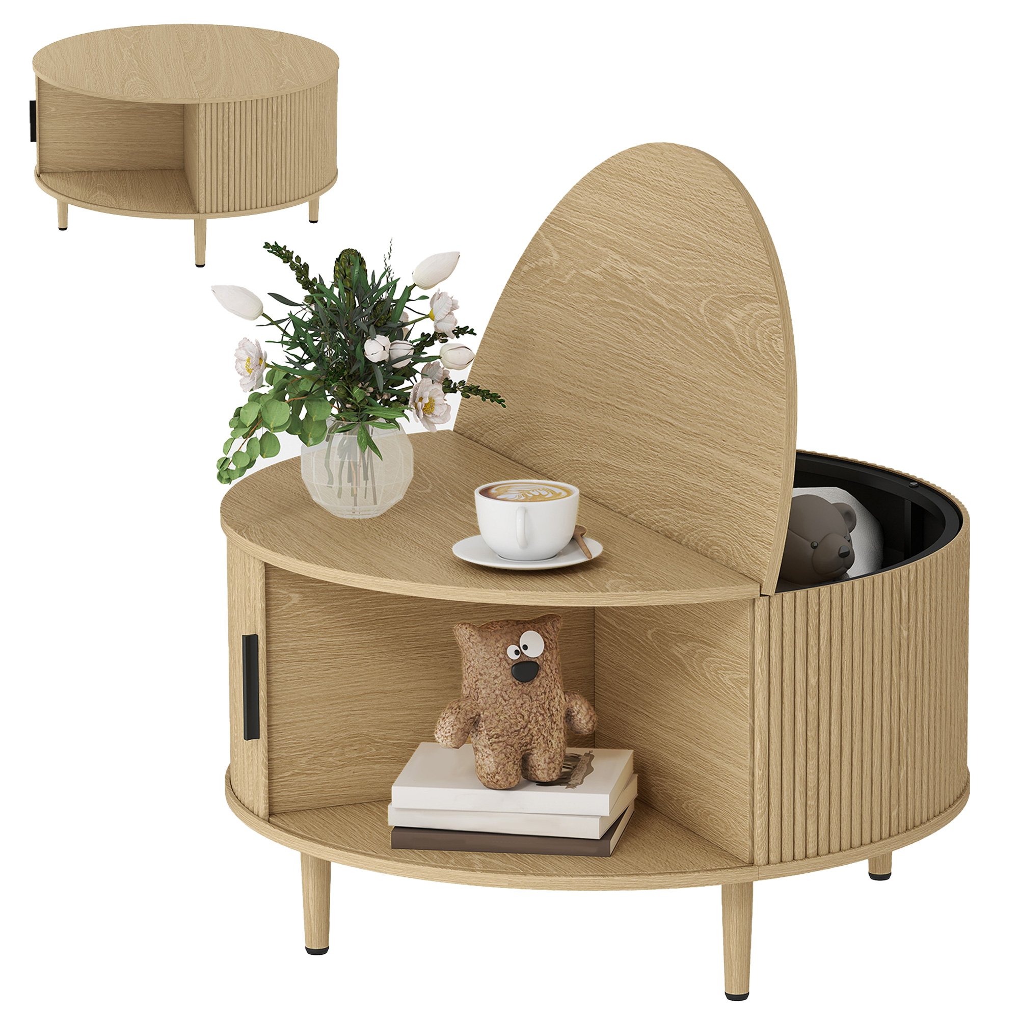 HOMCOM Fluted Round Coffee Table with Storage - Natural