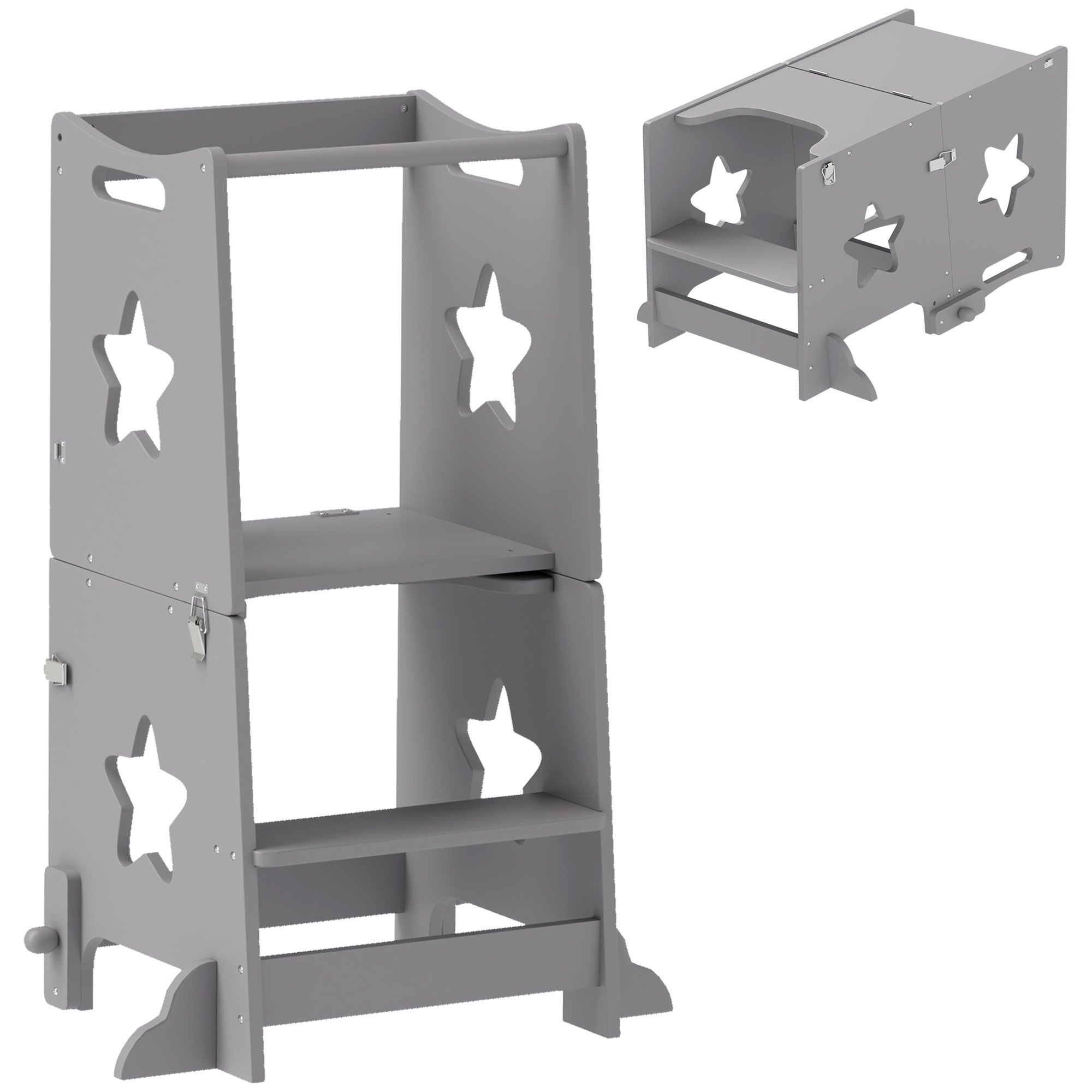 AIYAPLAY 2 in 1 MDF and Pine Safety Rail Toddler Step Stool – Grey