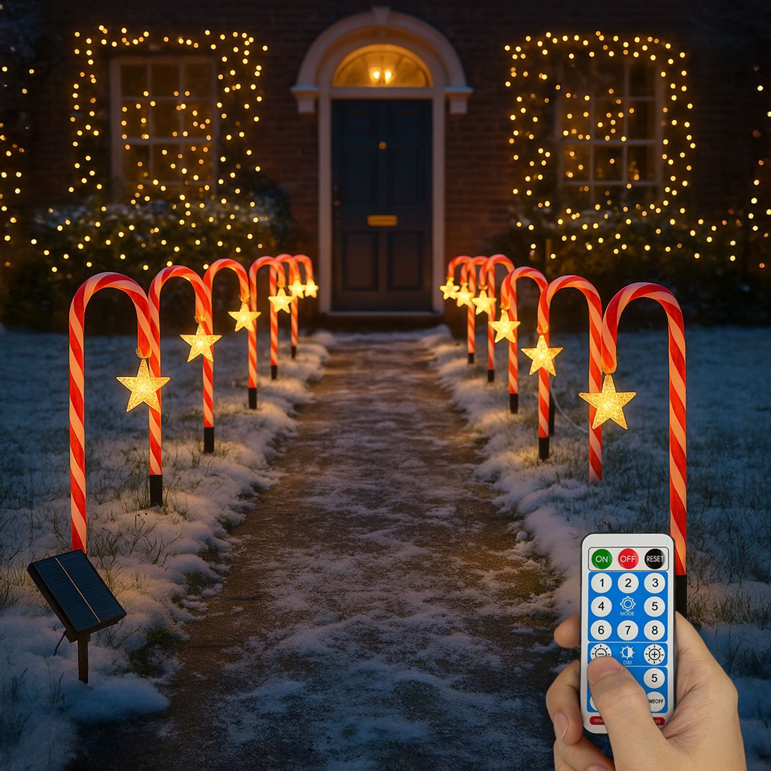 Neo 42cm 12 Piece Set Remote Solar Panel Battery Candy Cane Christmas Lights