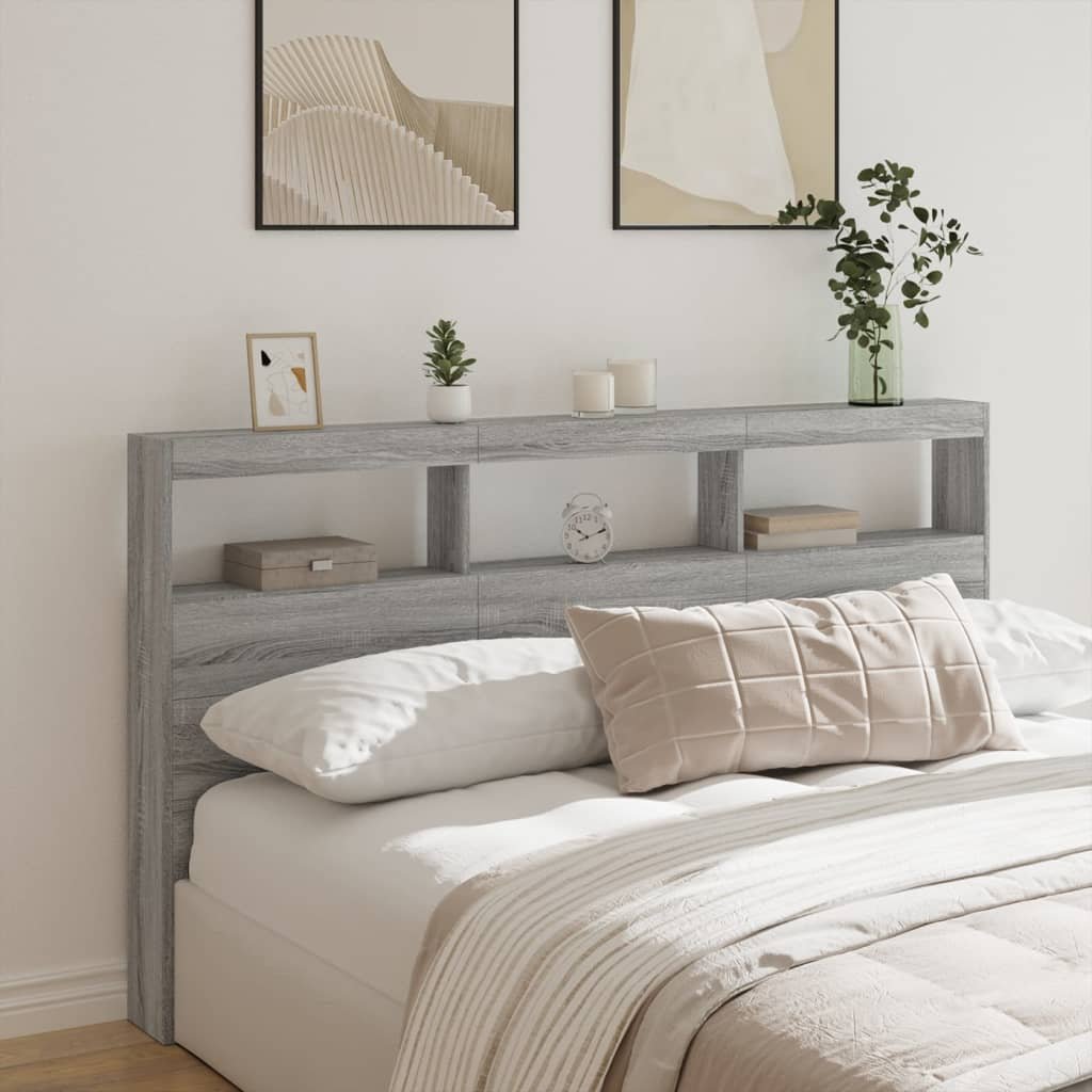 Walplus Engineered Wood LED Headboard Cabinet - Grey and Oak - 180 x 17 x 102 cm