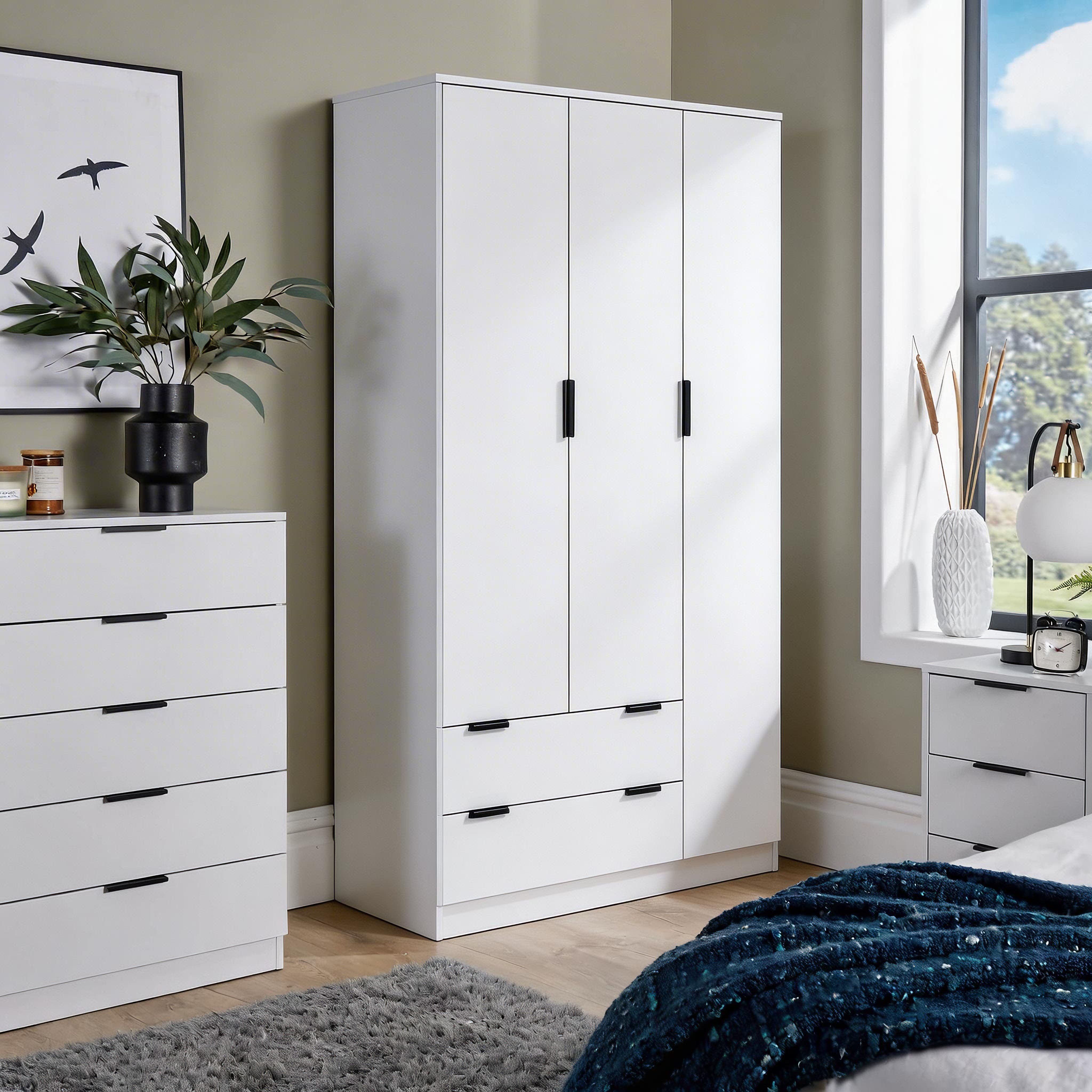 Home Source Phoenix 3 Door 2 Drawer Wardrobe - White