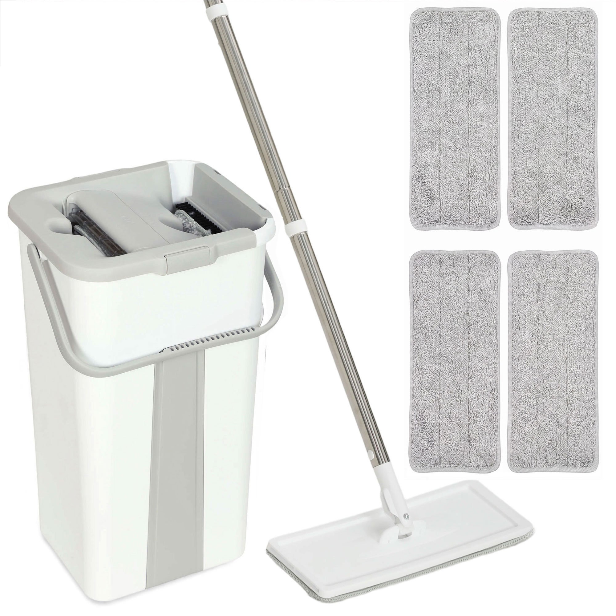 HOMCOM 2 Chamber Wringer 5 Microfibre Pads Flat Mop and Bucket Set – White