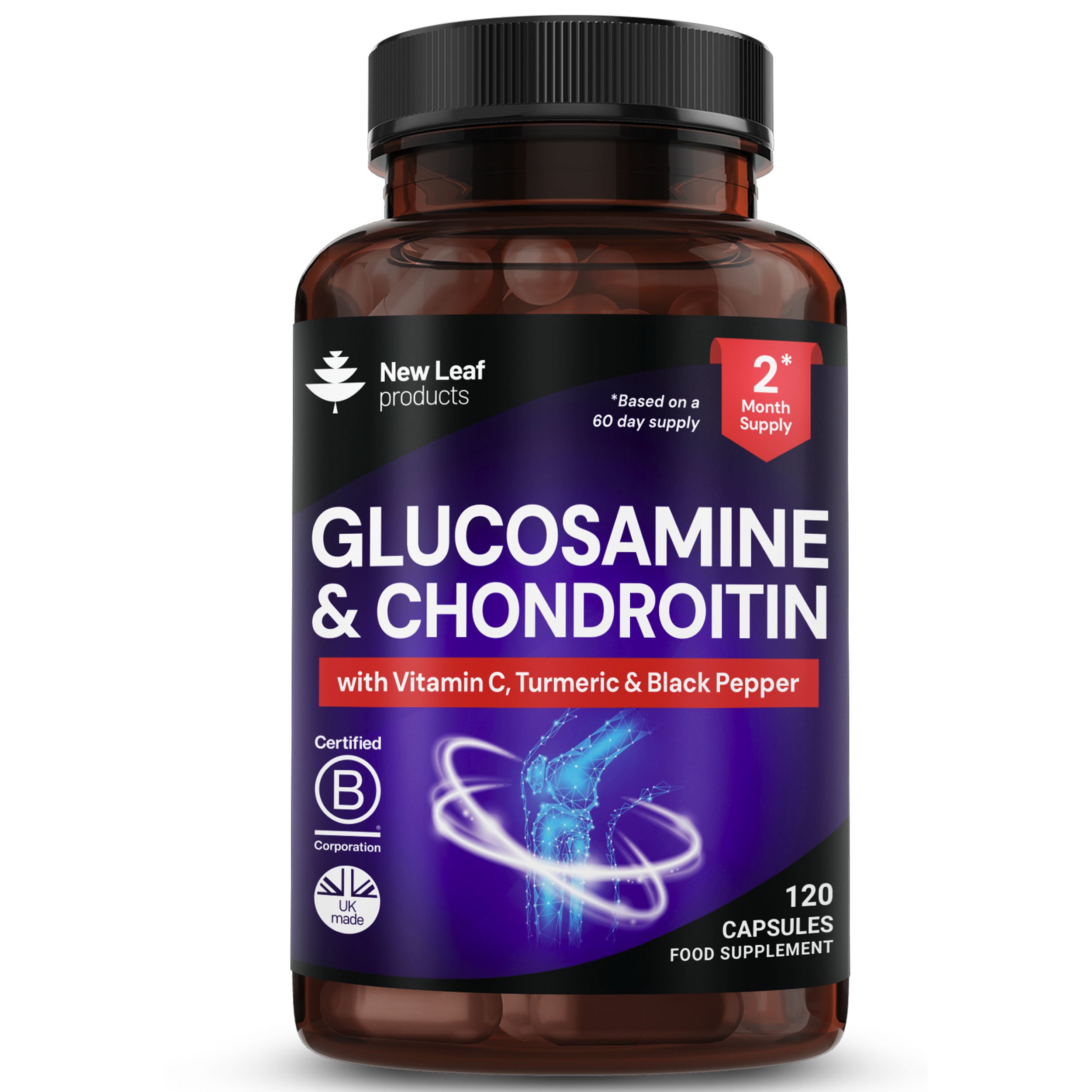 New Leaf Glucosamine Chondroitin + Vitamin C Turmeric Black Pepper - 120 Capsule