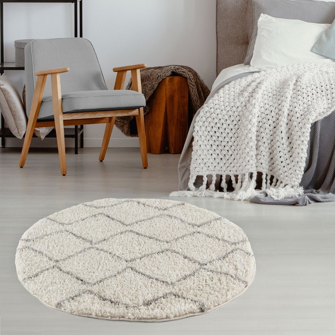 The Rugs Cream and Grey Moroccan Shaggy Zigzag Round Rug - 120cm