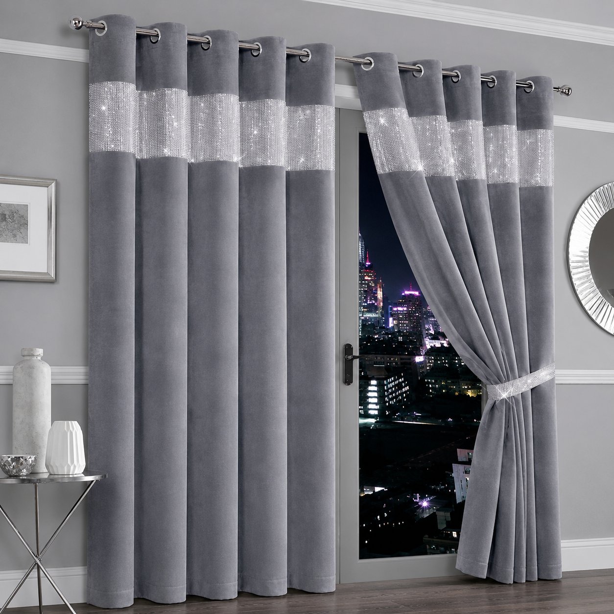 New Edge Blinds Silver Diamante Blackout Eyelet Curtains - 167cm x 229cm