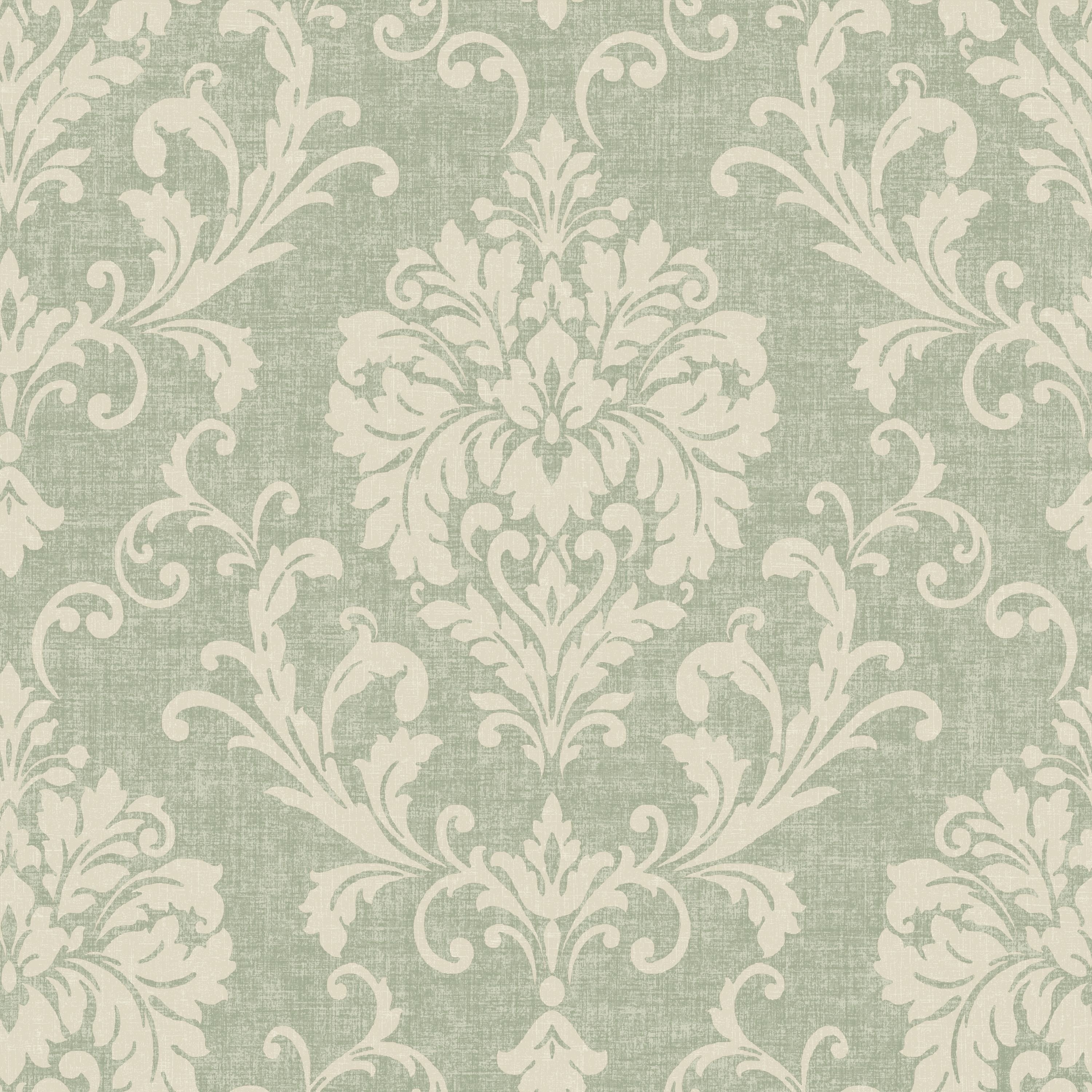 Grandeco Margritte Distressed Damask Textured Wallpaper - Green Cream