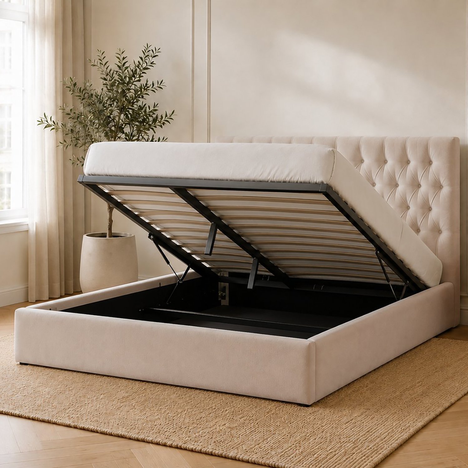 Snuggle Beds Elizabeth King Size Fabric Ottoman Bed Frame - Ivory