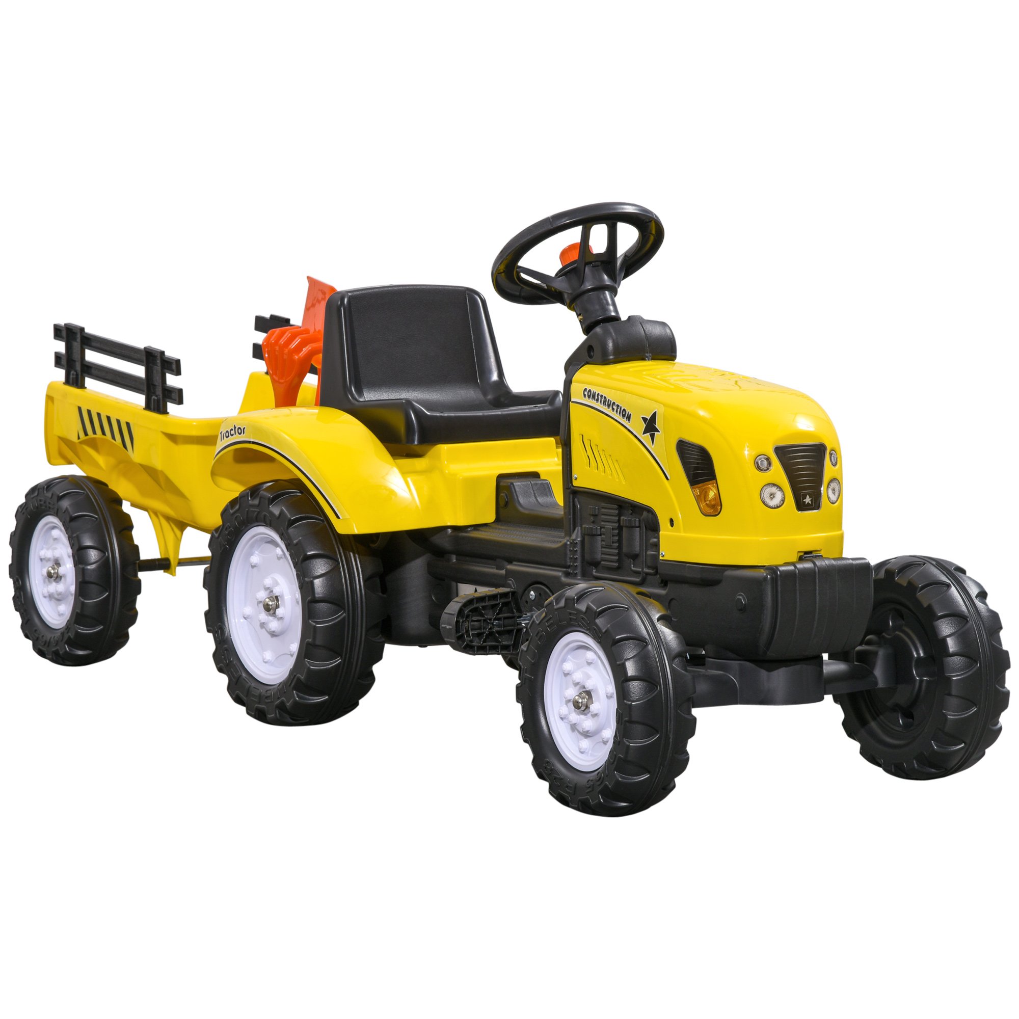 HOMCOM 3 Years Plus Kids Trailer Shovel and Rake Ride on Tractor Toy – Yellow