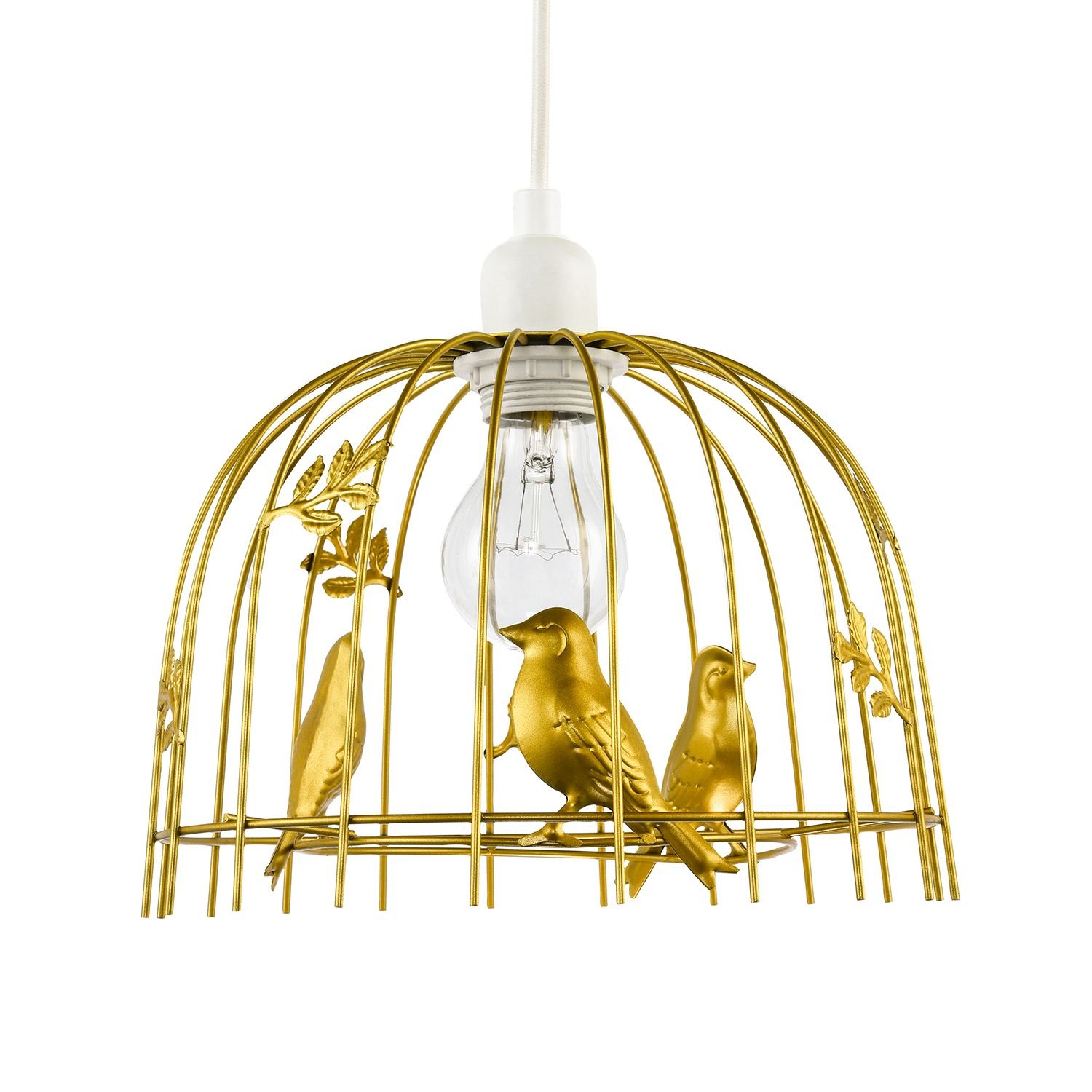 Happy Homewares Gold Birdcage with Birds and Leaves Pendant Shade - 25cm