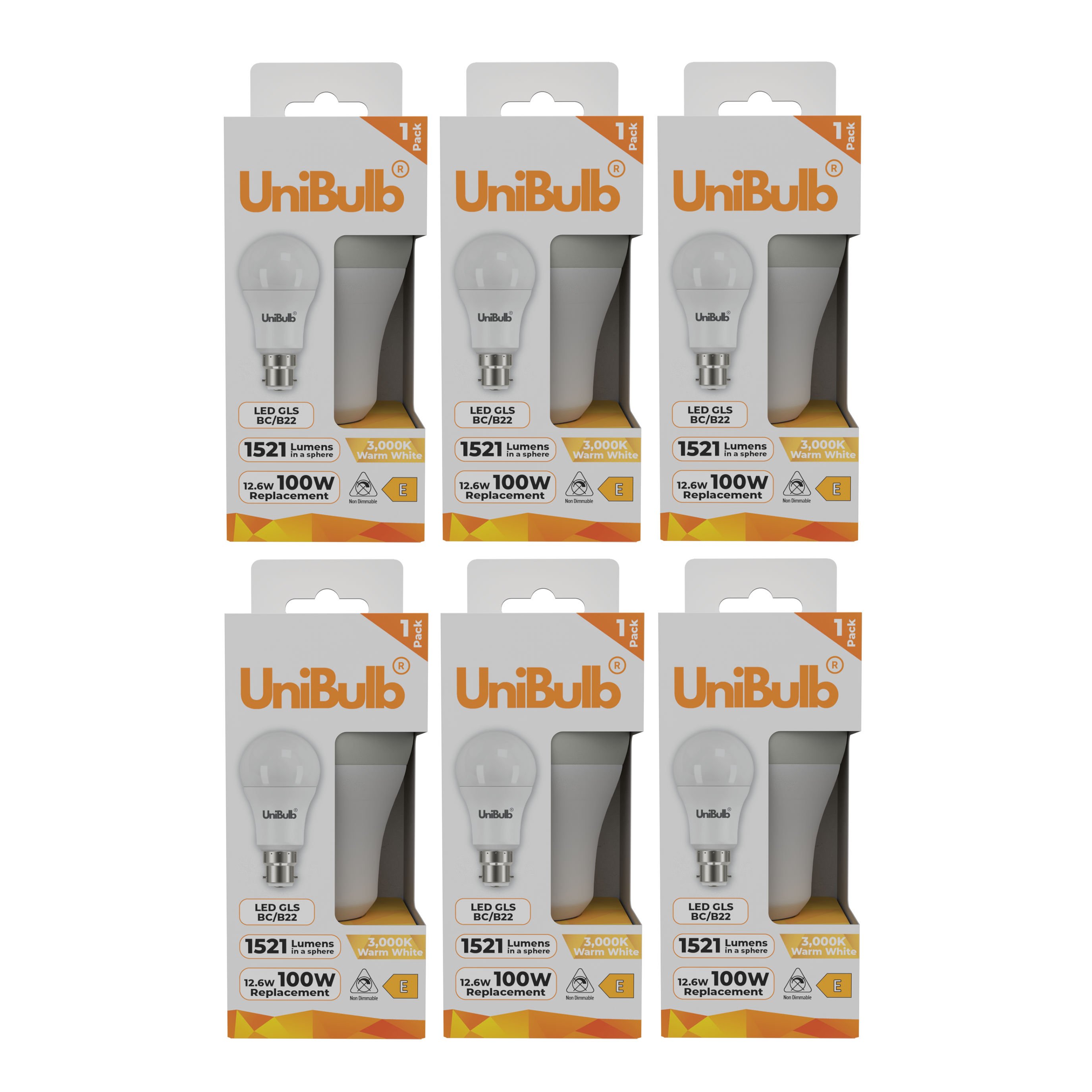 UniBulb 12.6W LED Warm White GLS B22 Light Bulb - Pack of 6