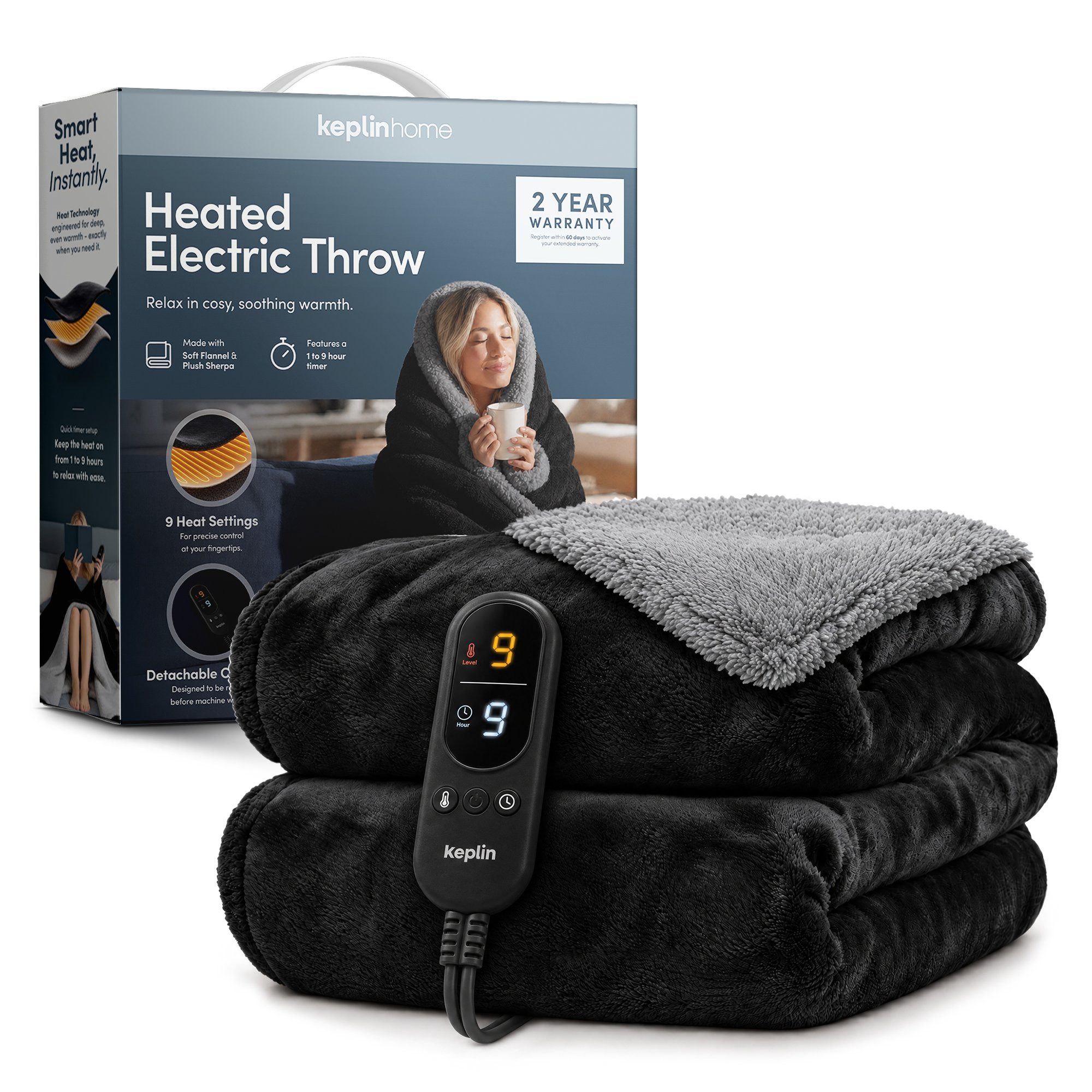 Keplin Sherpa Electric Heated Throw Blanket - Black & Grey
