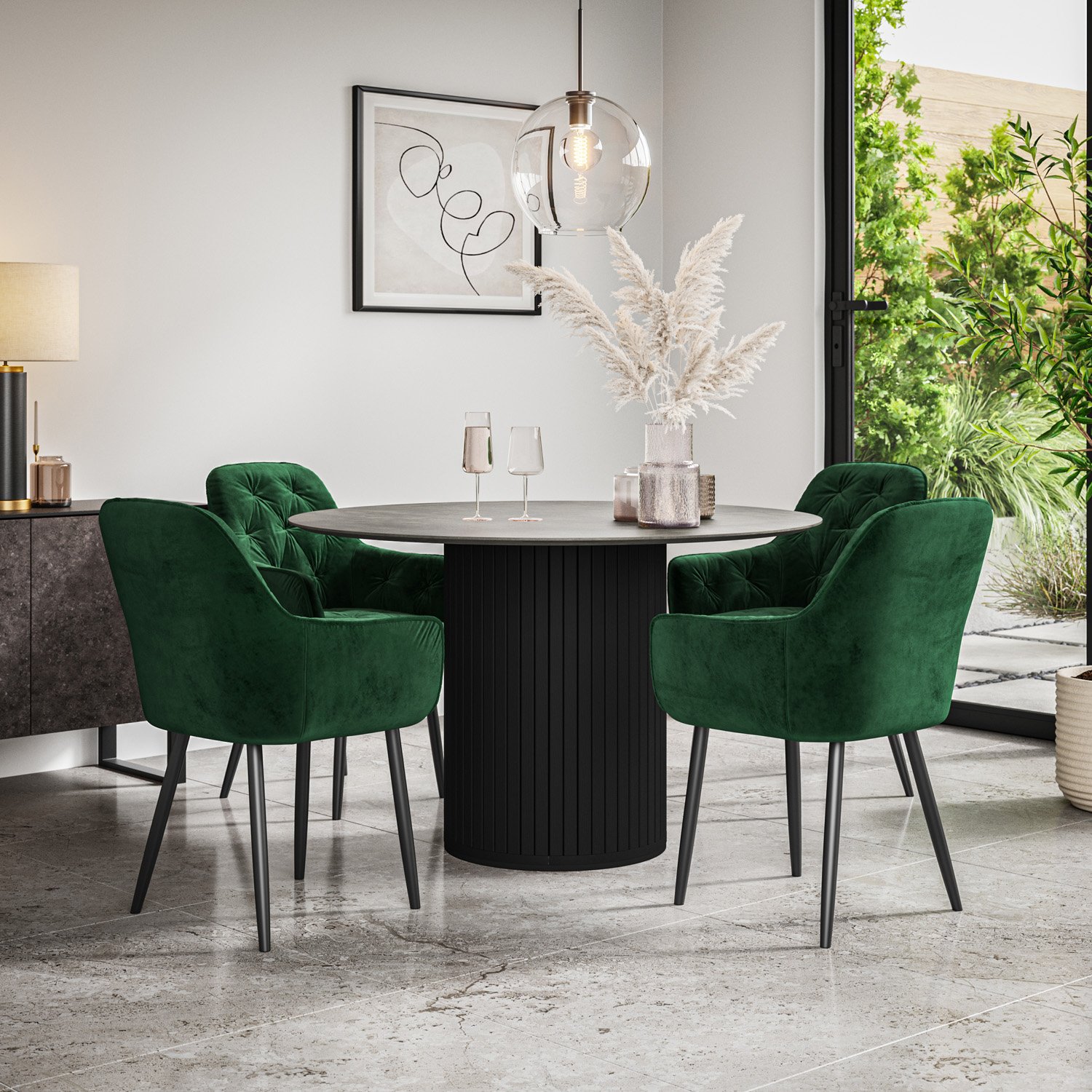 Furniture Online Arlo Anika Con Top w Blk Legs Dining Table & 4 Green Chairs