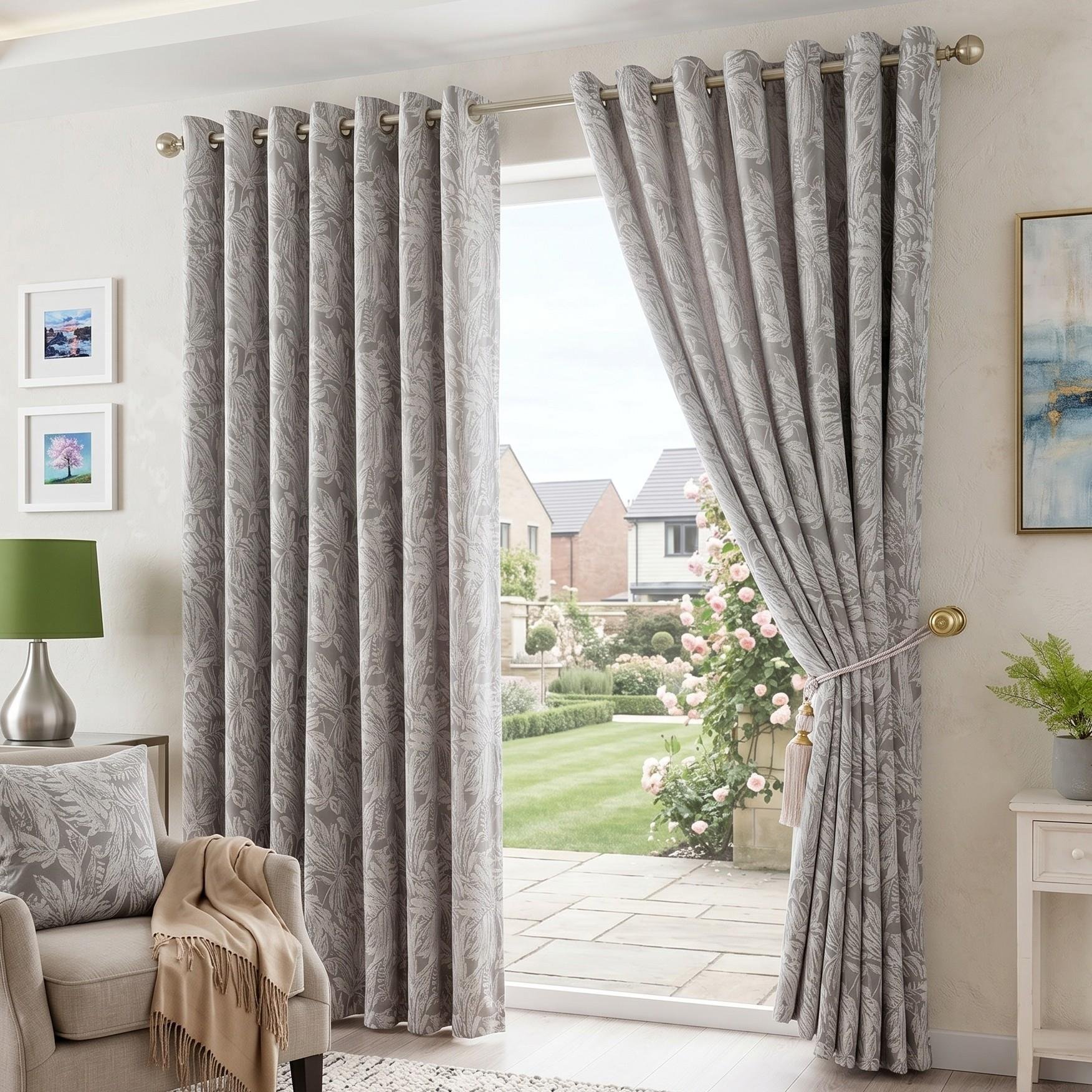 Luxury Living Chenille Jacquard Lined Eyelet Curtains 117cm x 229cm - Silver
