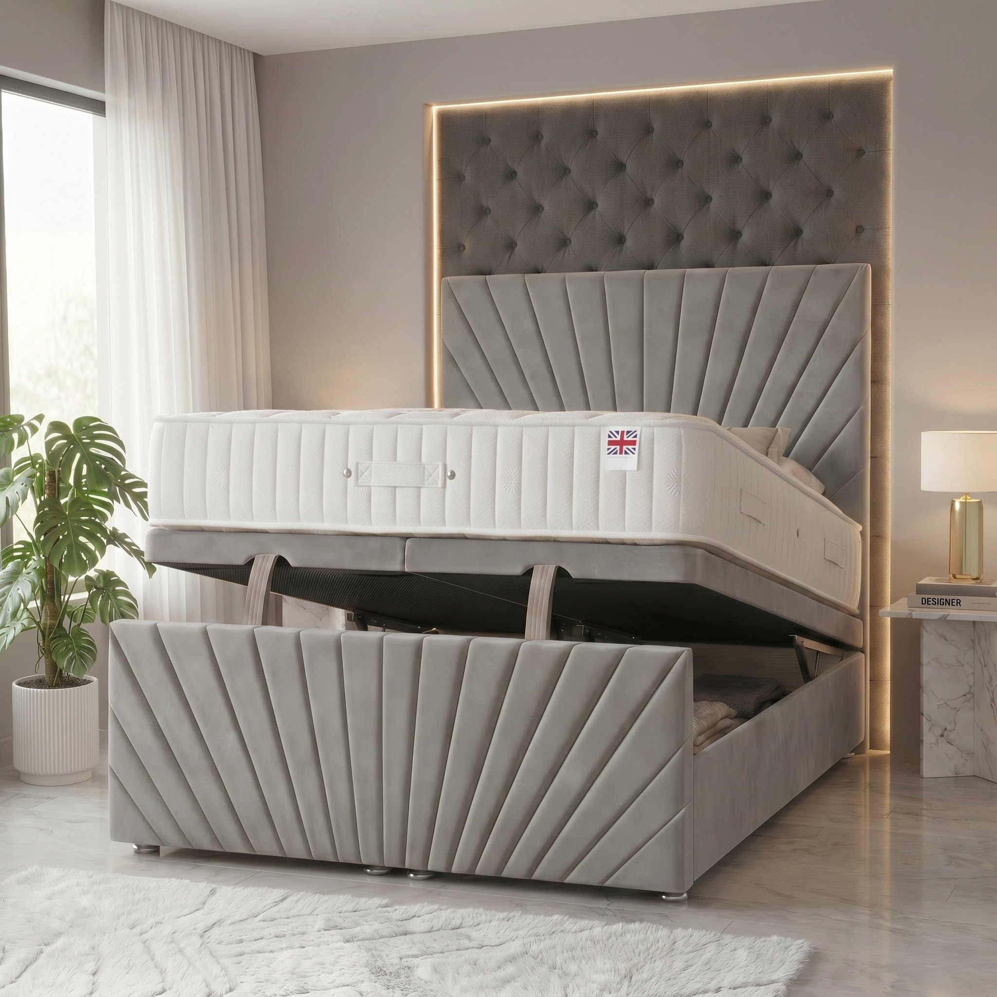 Somnior Velvet Small Double Ottoman Divan Bed with Memory Mattress - Silver
