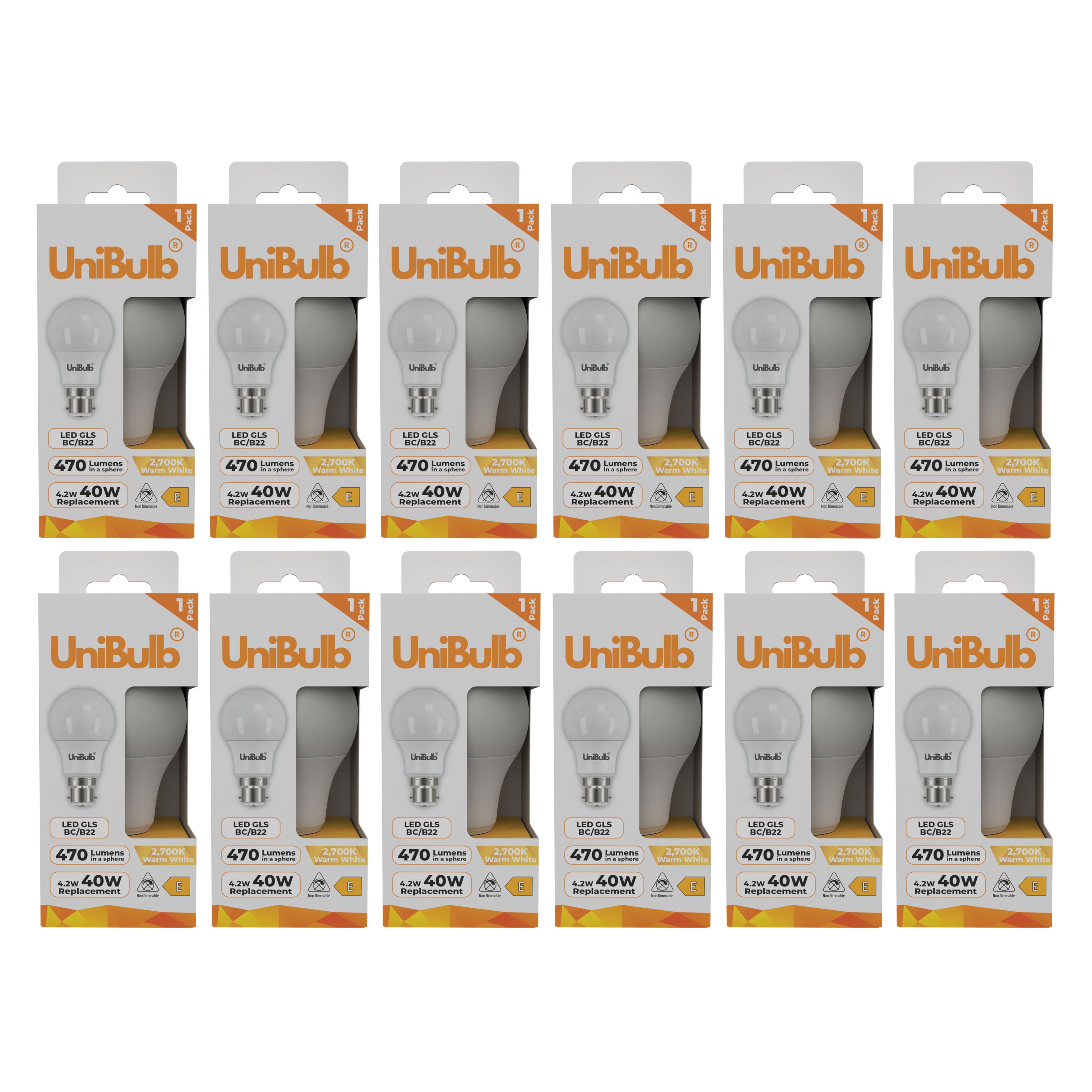 UniBulb 4.2W LED Warm White GLS B22 Light Bulb - Pack of 12