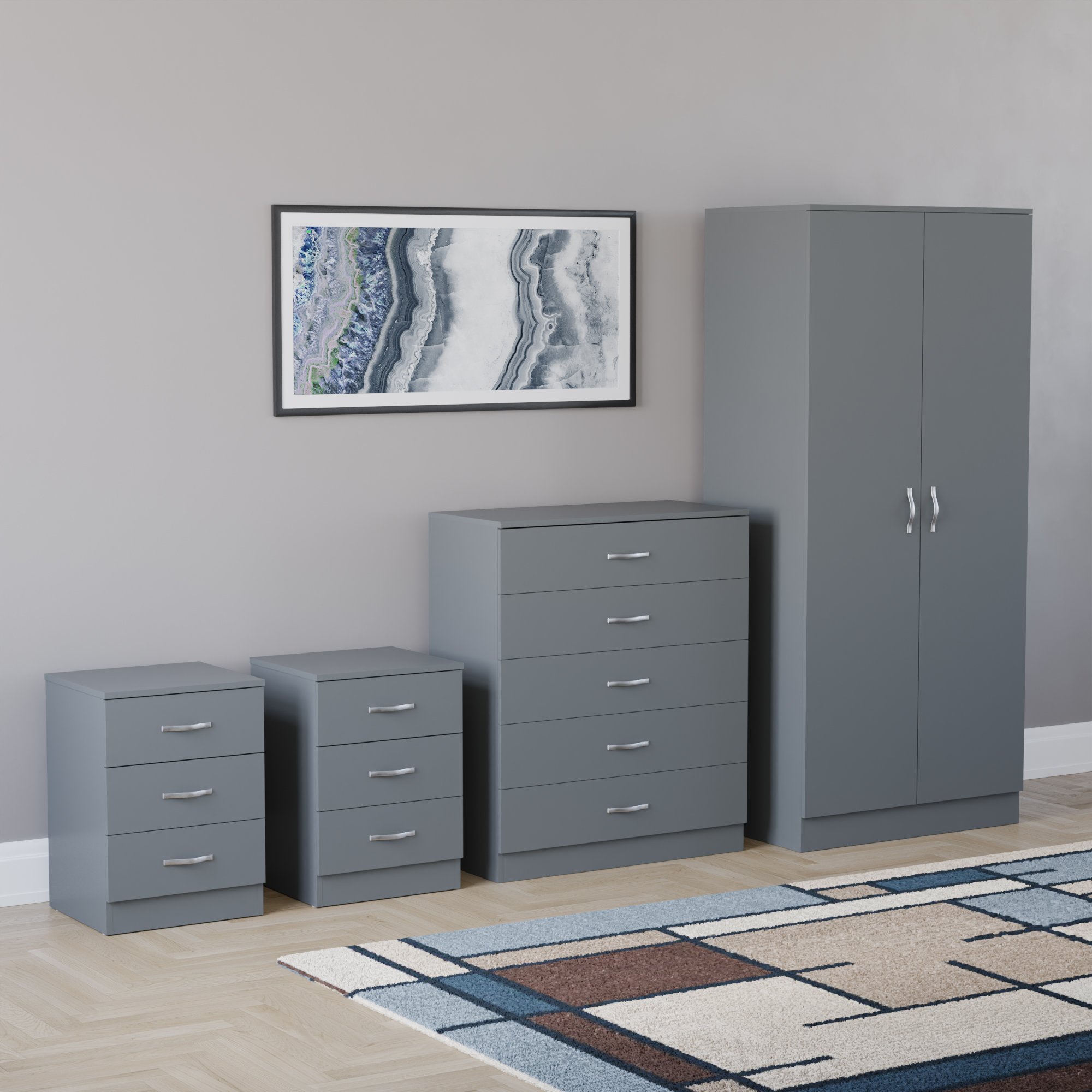 Vida Designs Riano Bedroom Set (Bedsides, 5 Drawer Chest, 2 Door Wardrobe)- Grey