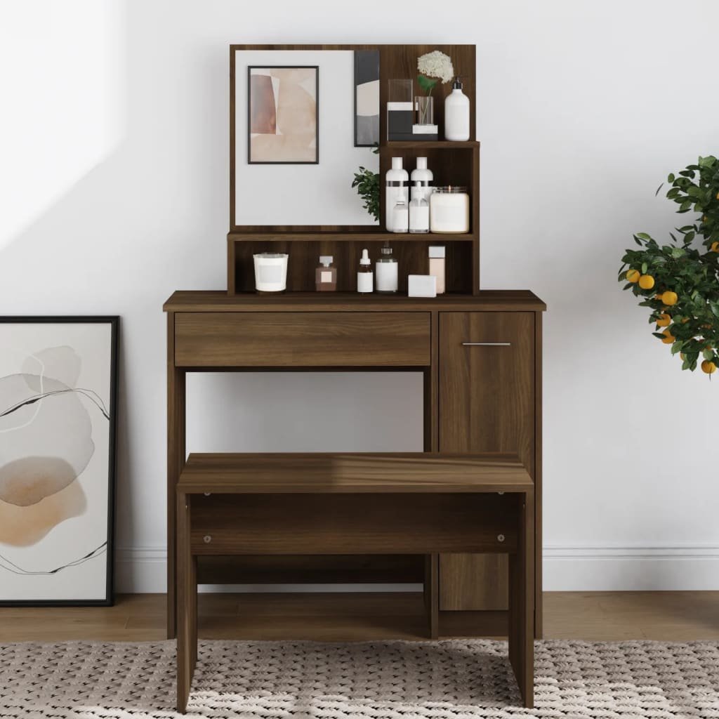 Walplus Engineered Wood Mirror Dressing Table - Brown Oak - 86.5 x 35 x 136 cm