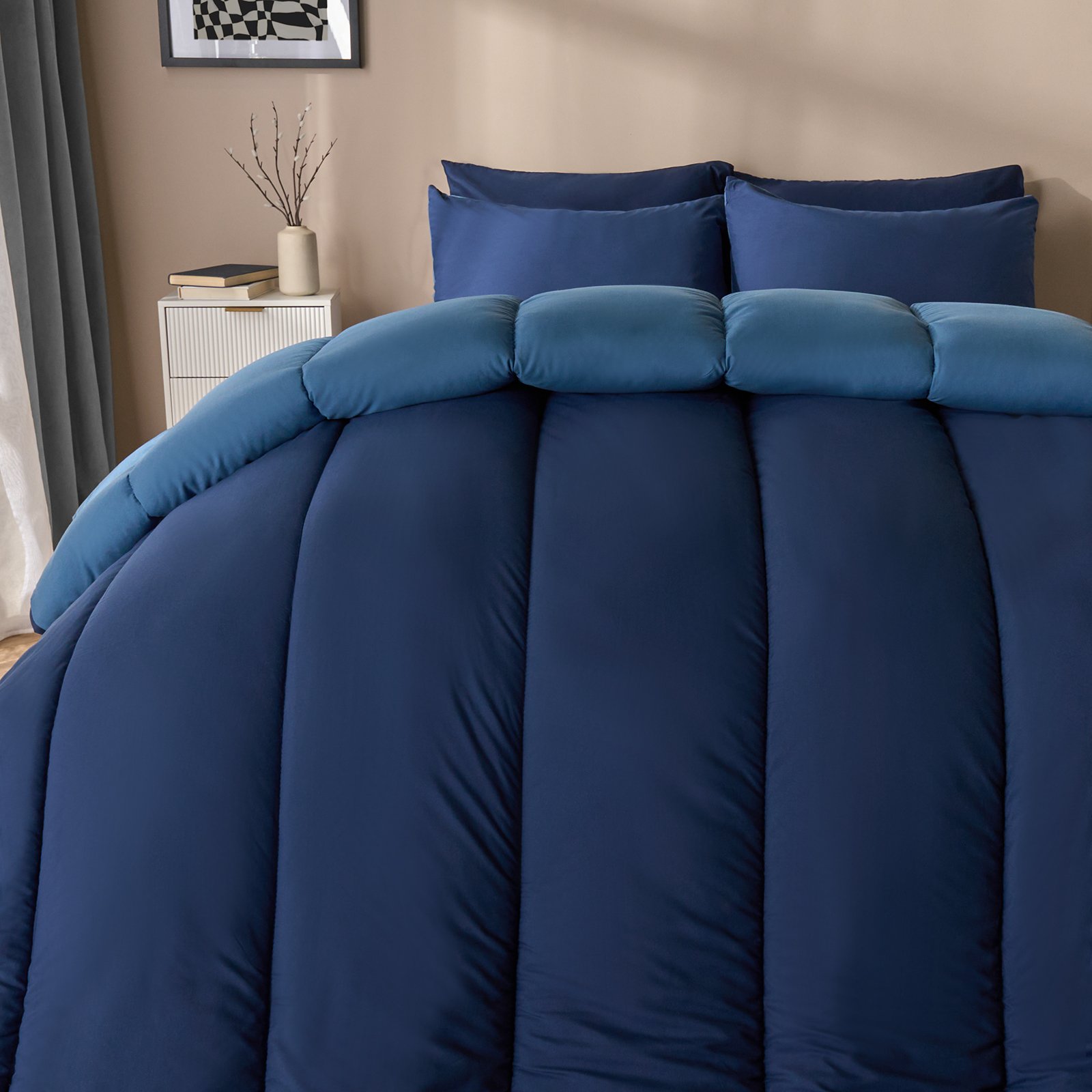 OHS Reversible 10.5 Tog Coverless Duvet Set Bedding - Navy/Blue - Double