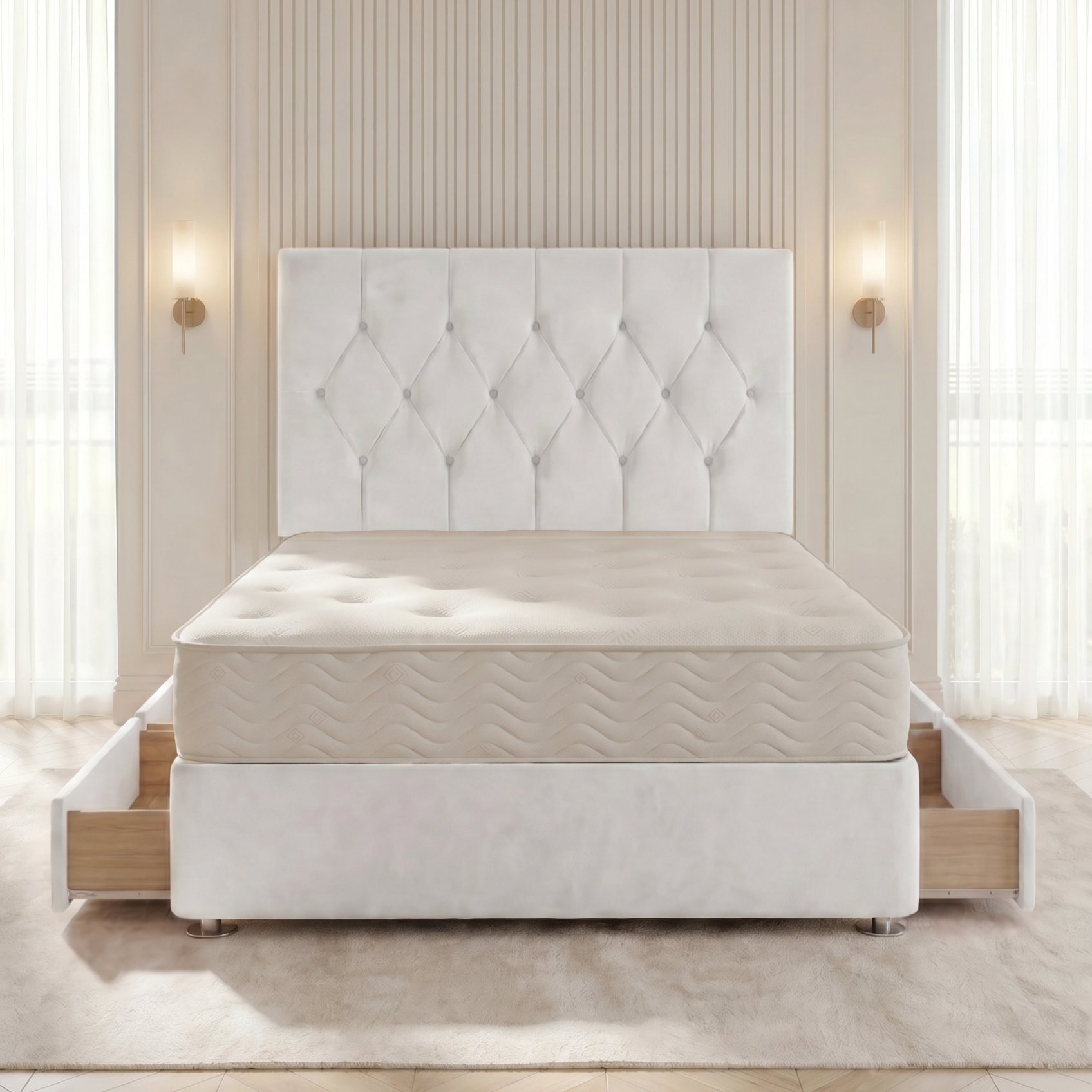 Somnior Chester Velvet Small Double 4 Draw Open Coil Divan Bed Set - White