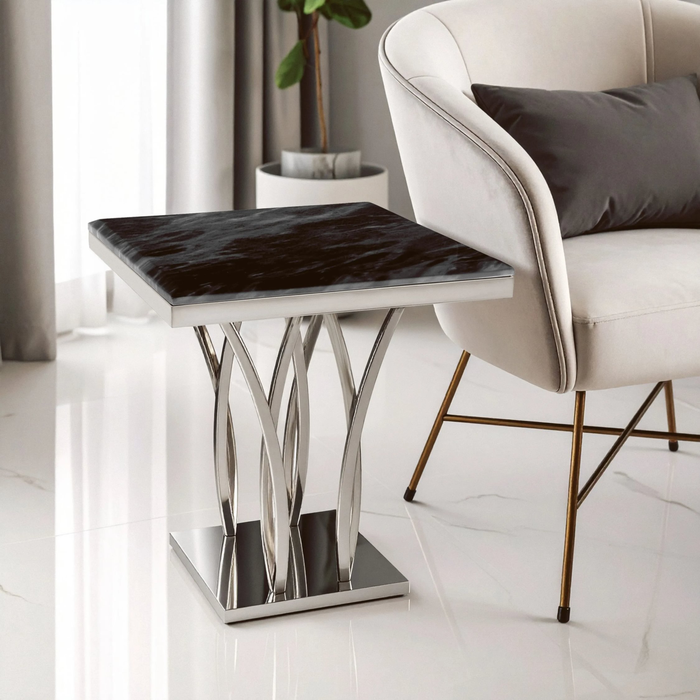 Orsina Arenza Marble Side Table – Black and Silver