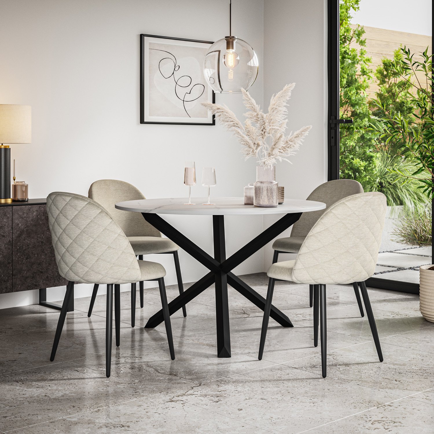 Furniture Online Malvern Marble Effect Dining Table & 4 Raye Beige Chairs