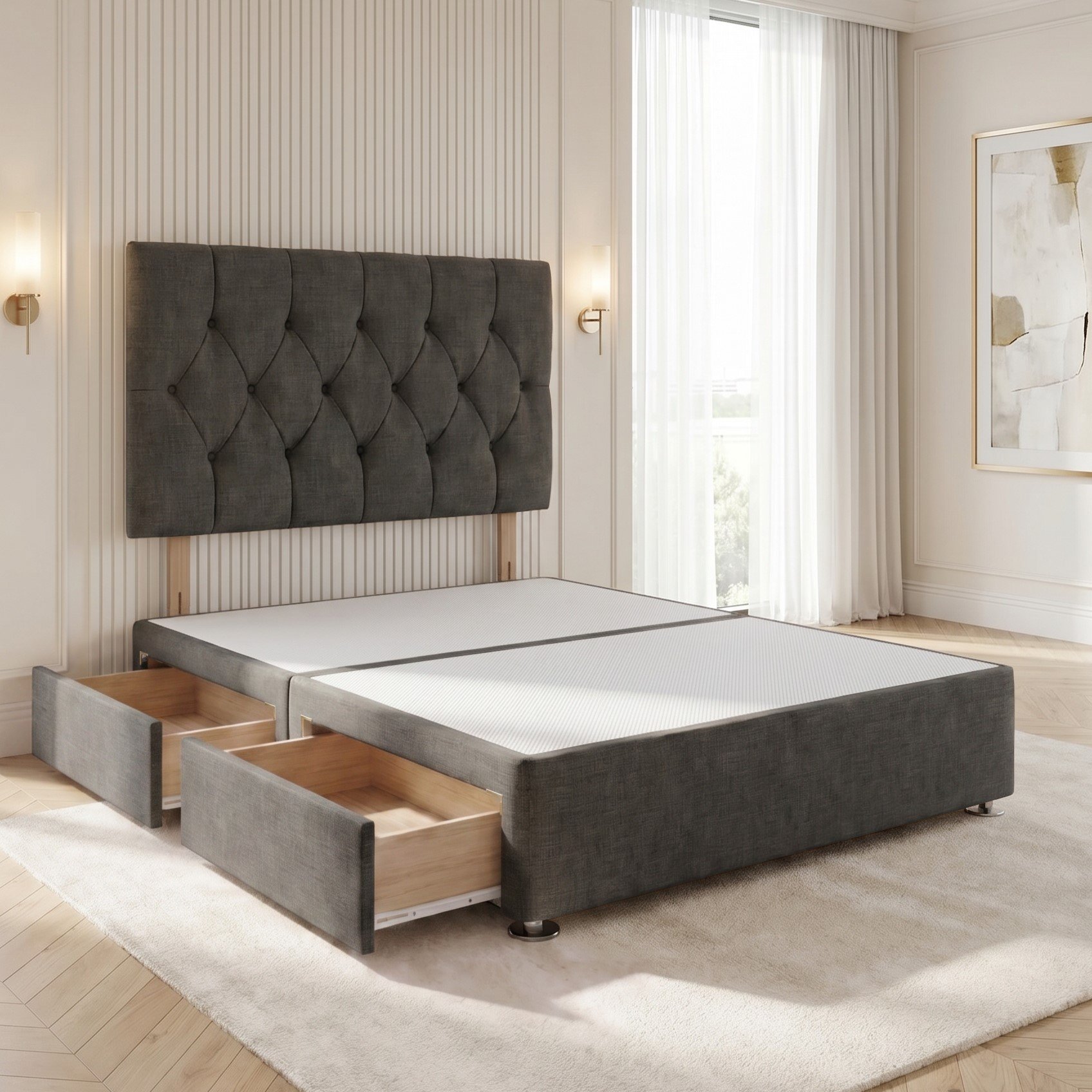 Somnior Chester Linen Super King 2 Drawer Divan Bed with Headboard - Charcoal