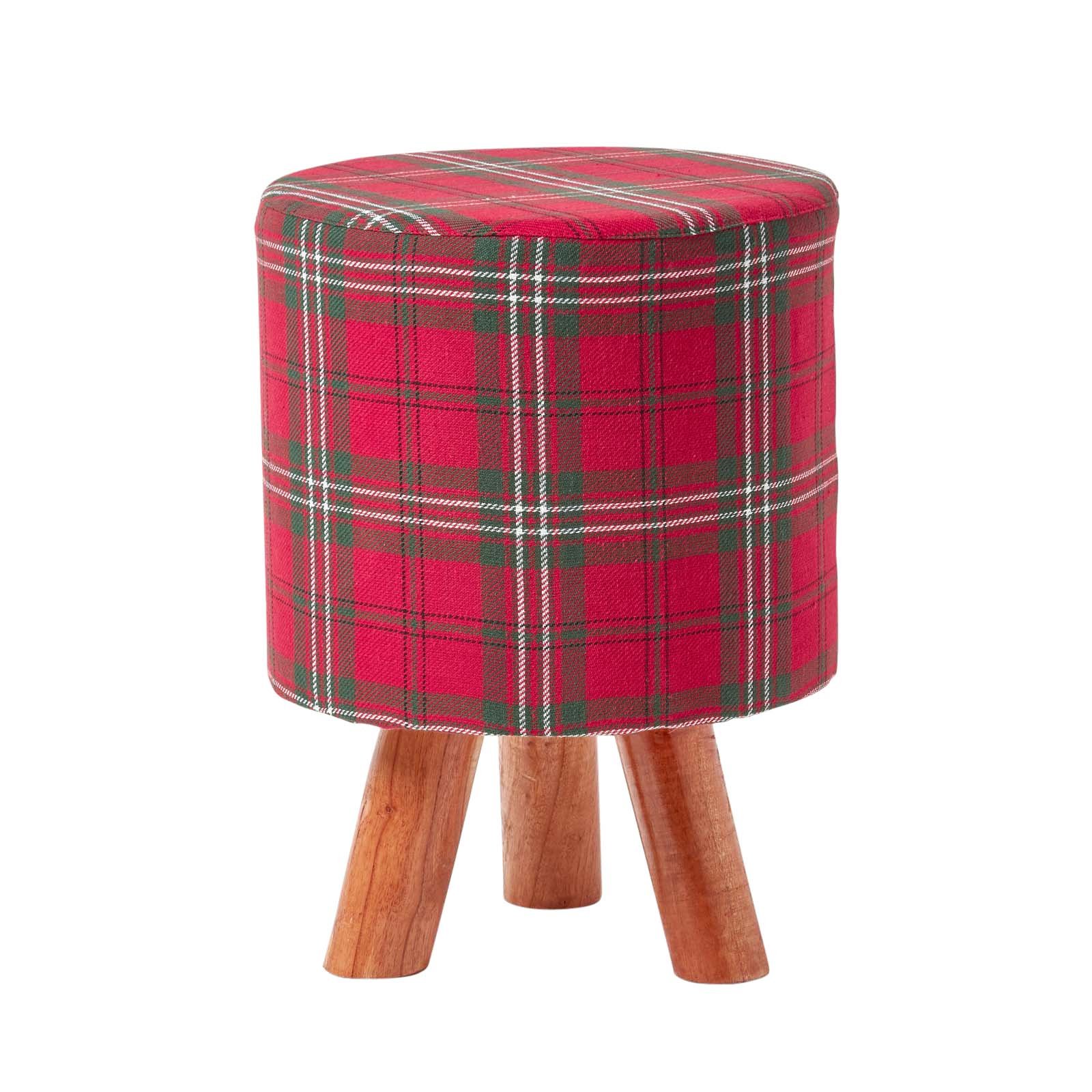 Homescapes Tartan Fabric Footstool with Wooden Legs – Red