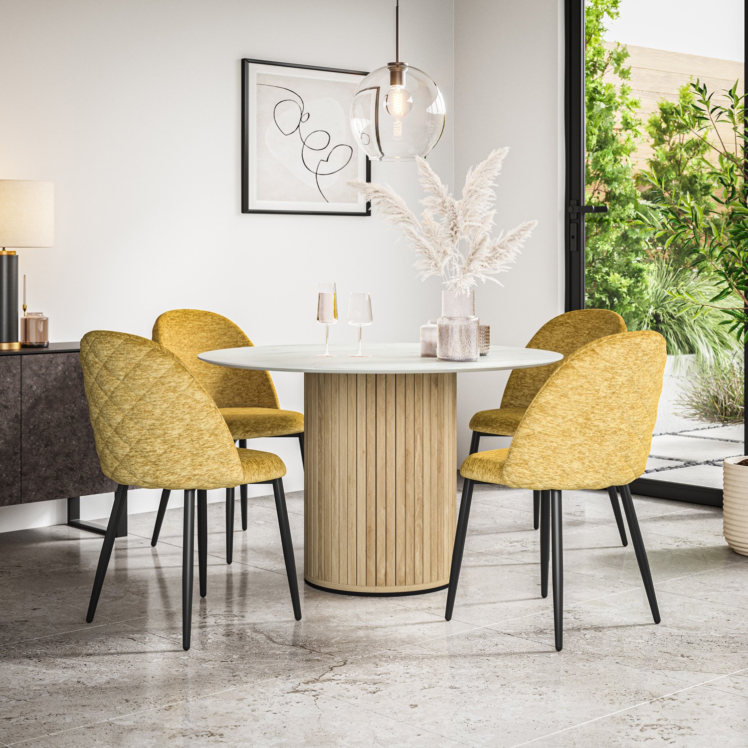 Furniture Online Arlo Raye Marble Top w Oak Legs Dining Table & 6 Mustard Chairs