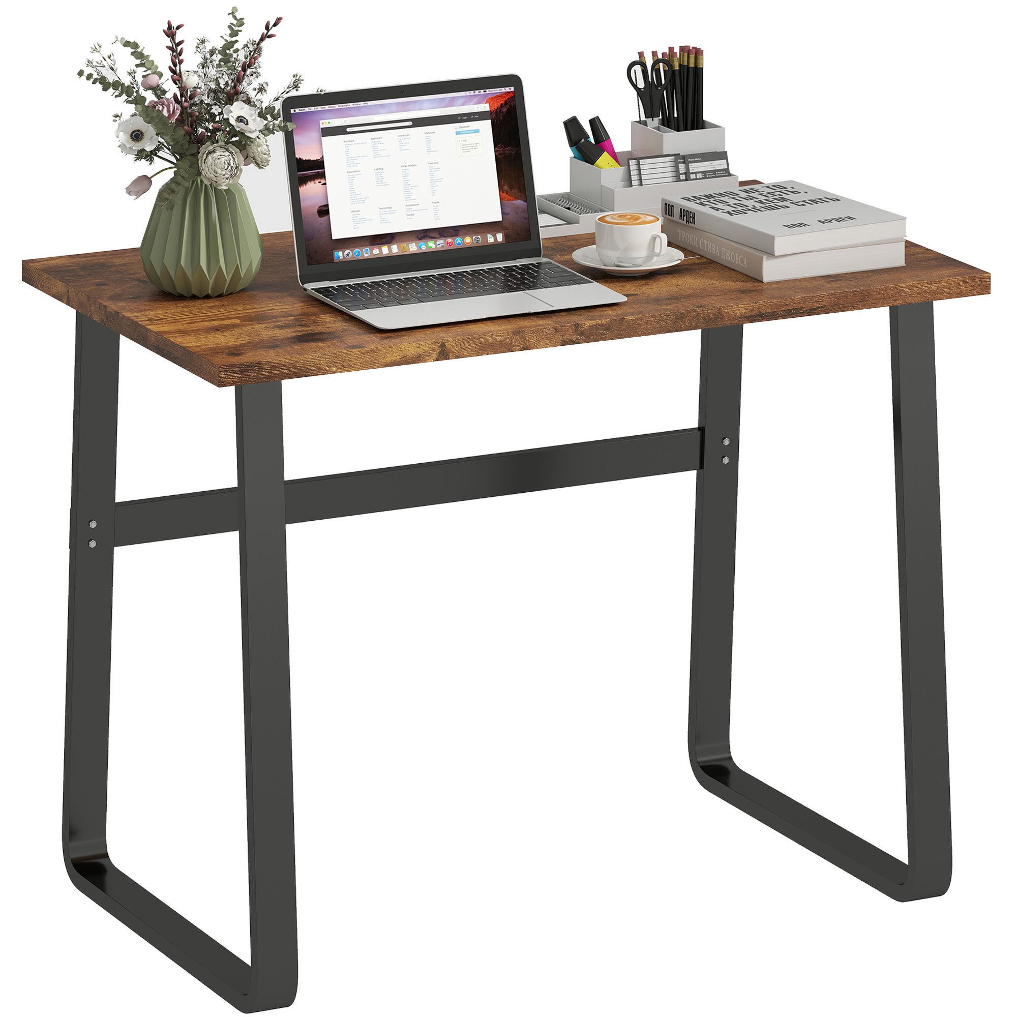 HOMCOM Steel Frame and Wood Top Computer Desk - Rustic Brown and Black