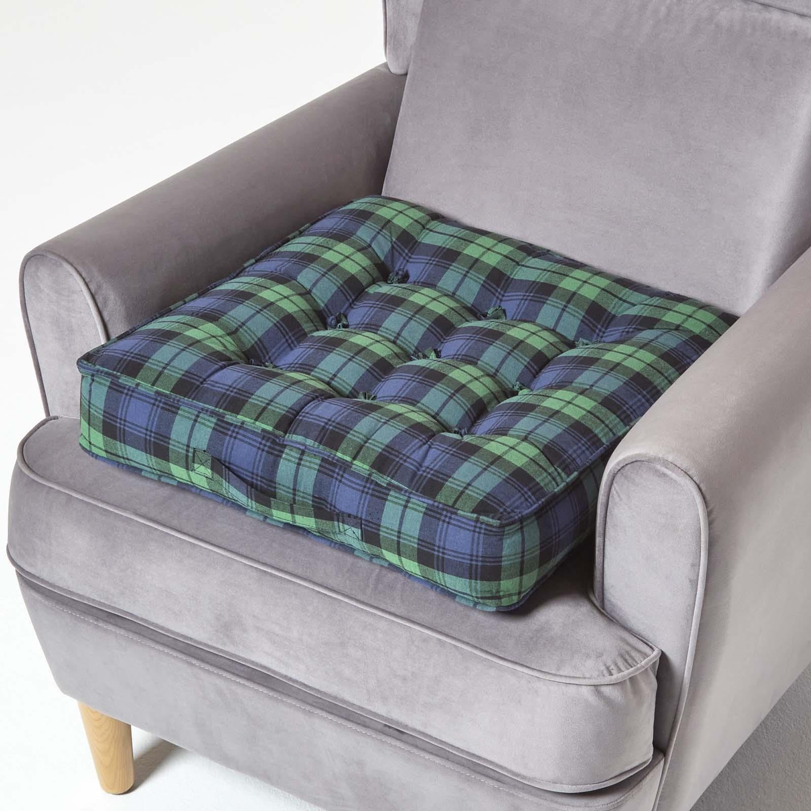 Homescapes Cotton Tartan Armchair Booster Cushion - Blackwatch