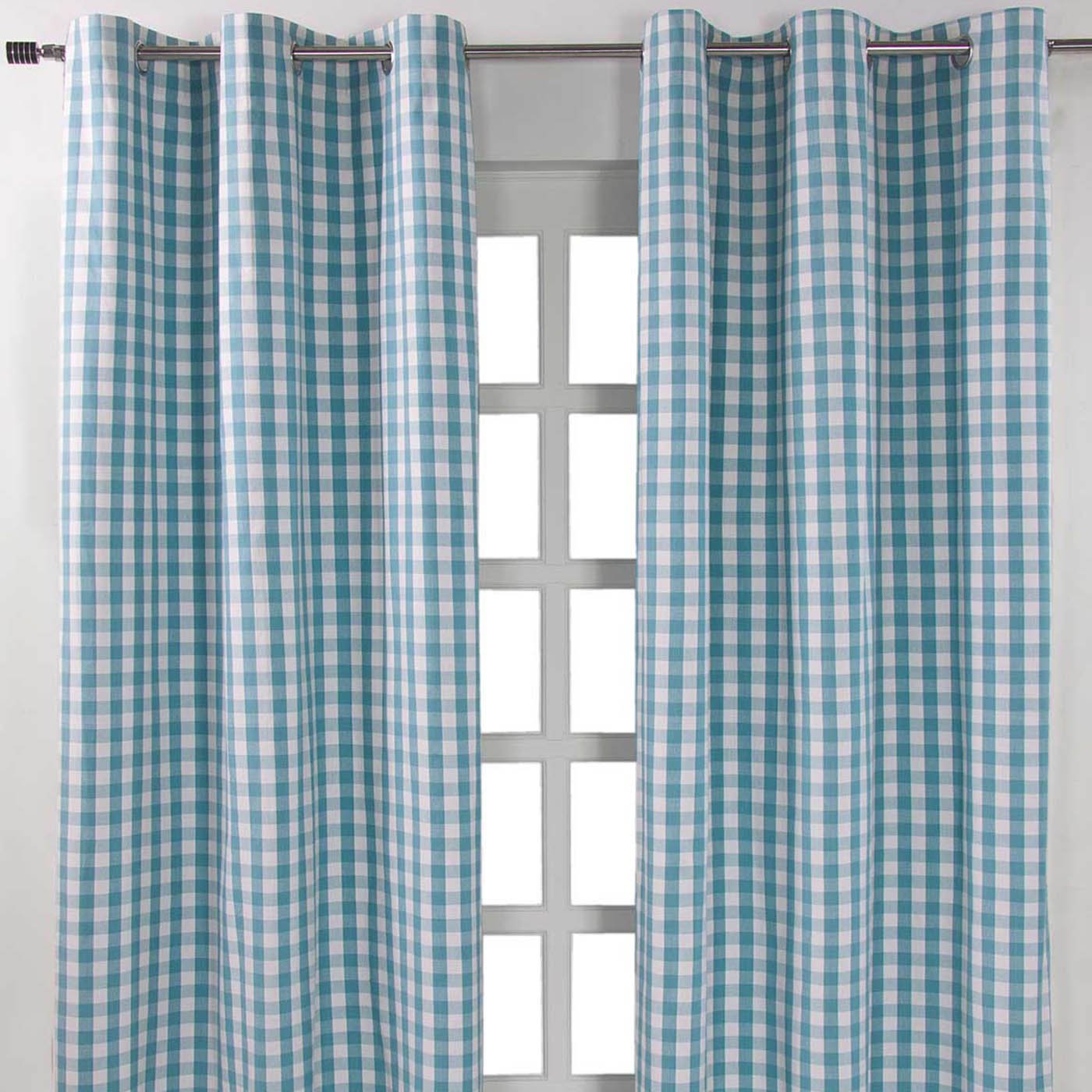 Homescapes Blue Cotton Block Check Gingham Eyelet Curtains - 137cm x 228cm