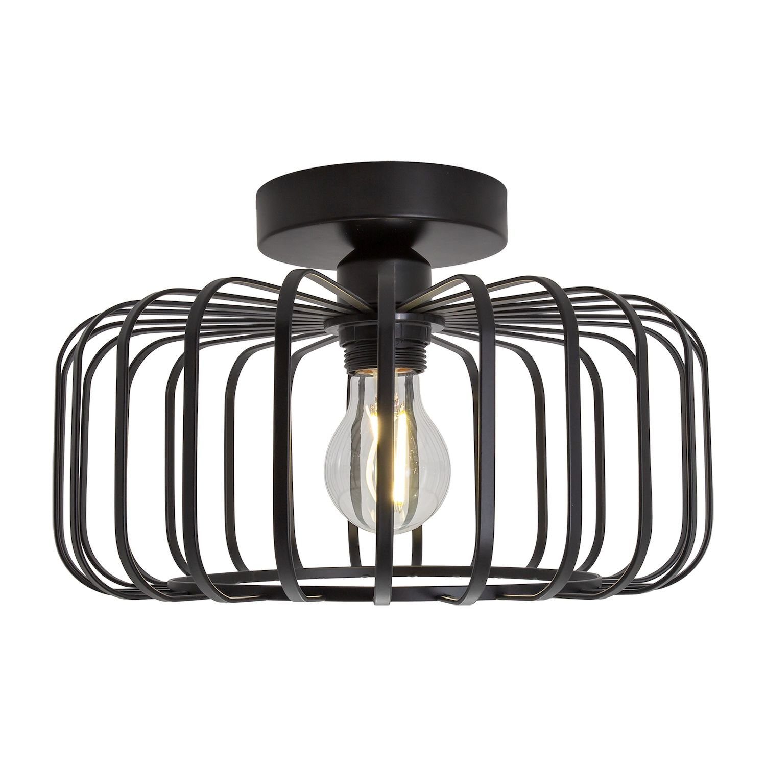 Happy Homewares Industrial Cage Matte Black Metal Semi Ceiling Light - 30cm