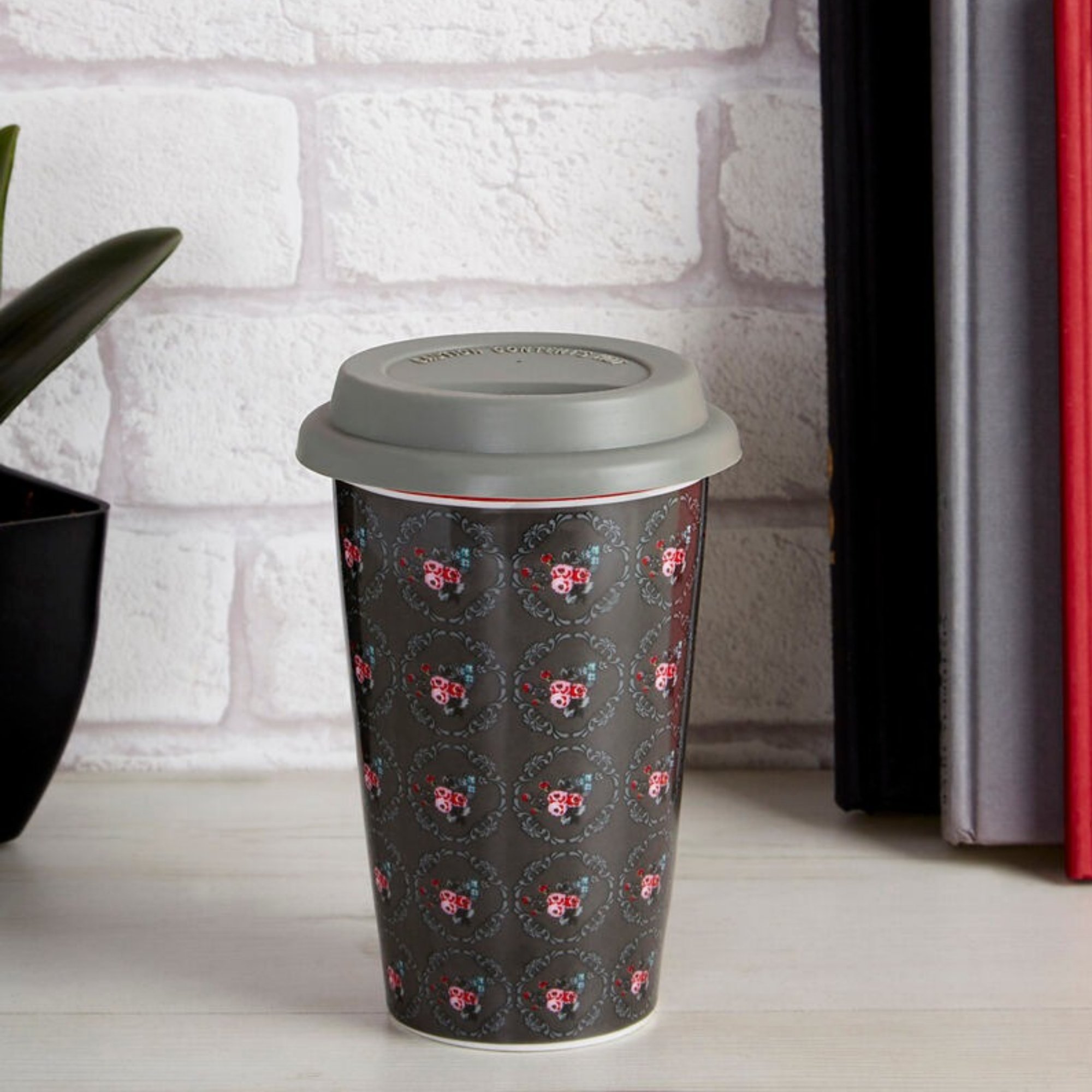 Orsina Taza Ditsy Floral Ceramic Reusable Mug with Silicone Lid – Grey