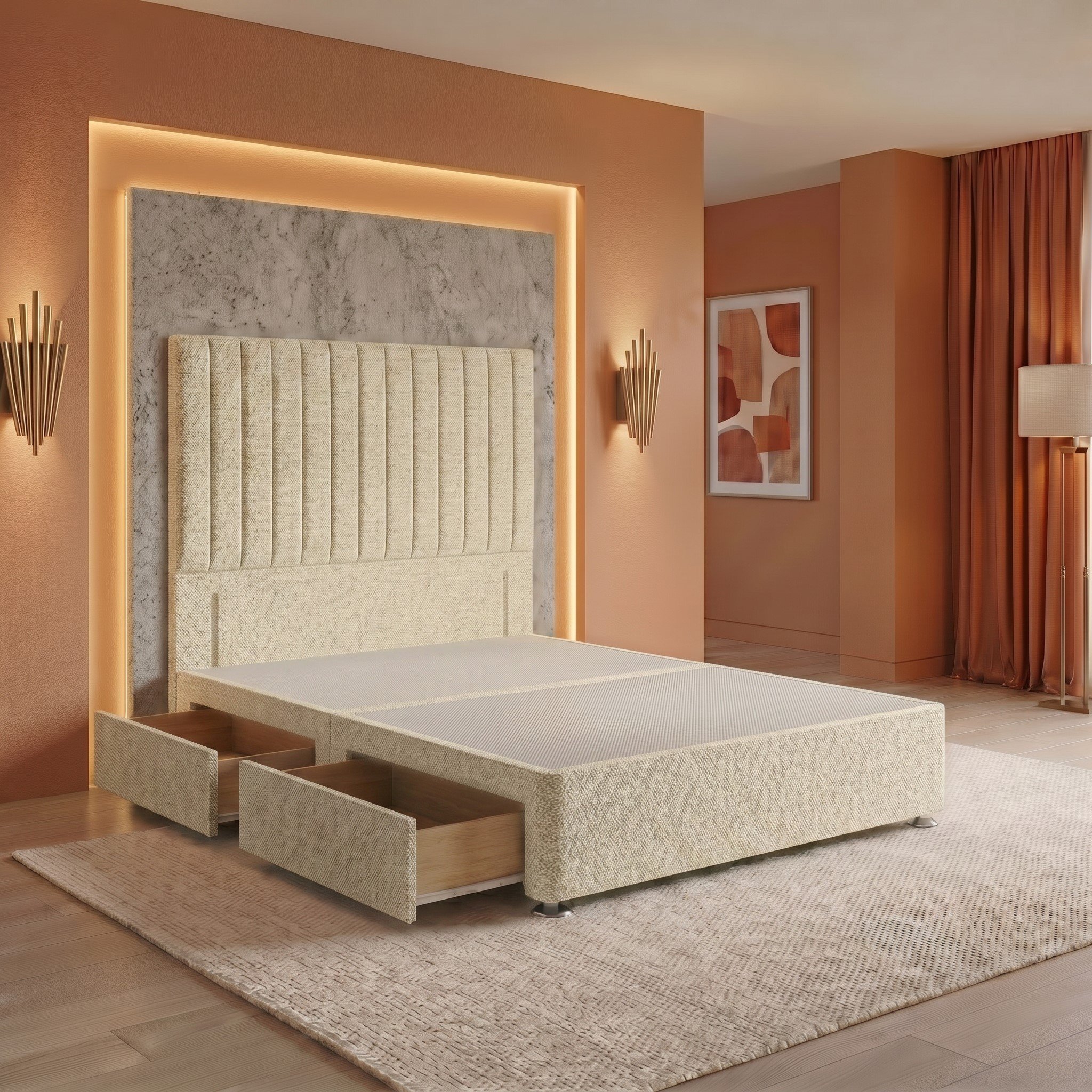 Somnior Heritage Tweed Small Double 2 Draw Divan Bed Base & Headboard - Natural