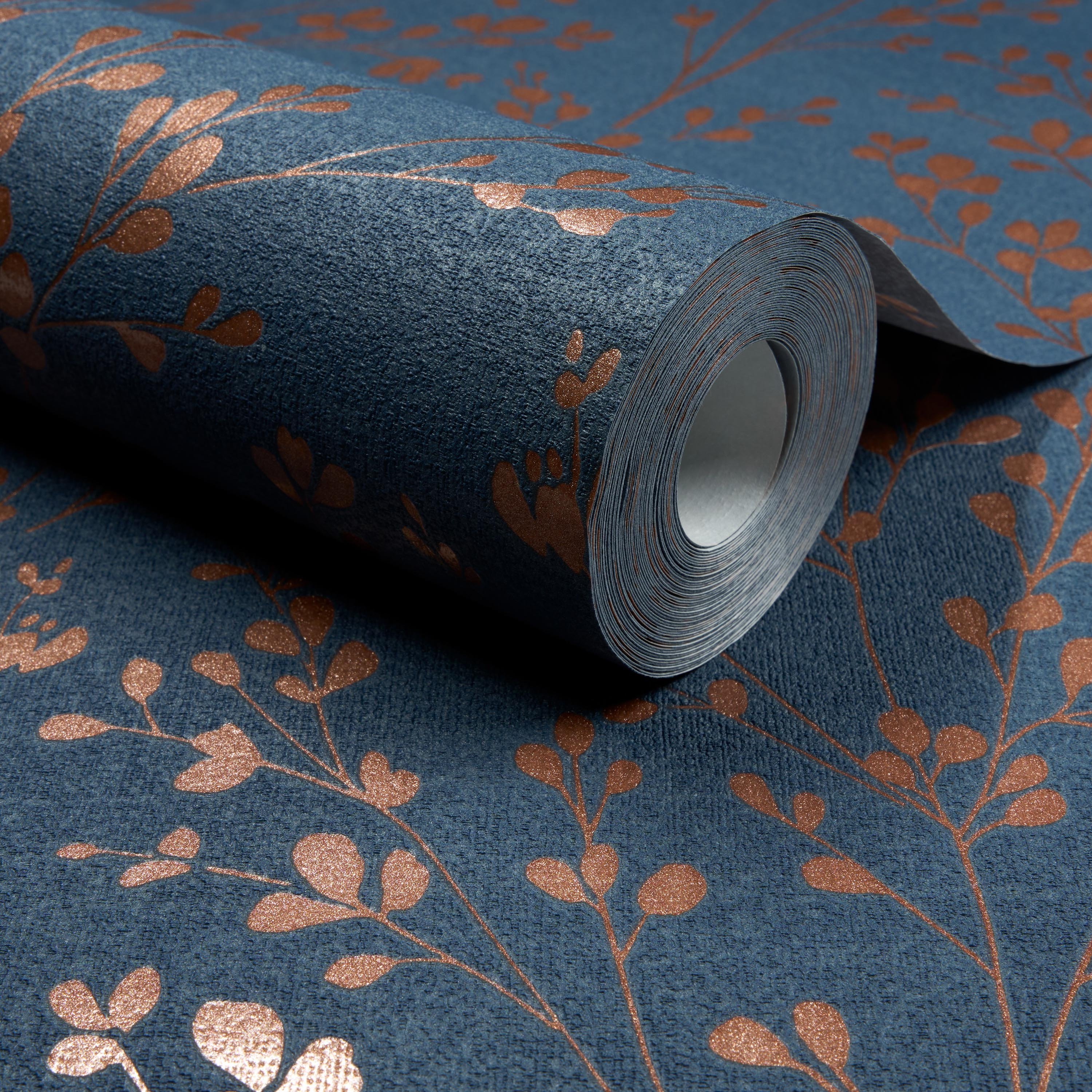 Grandeco Calluna Delicate Metallic Sprig Blown Vinyl Wallpaper - Navy