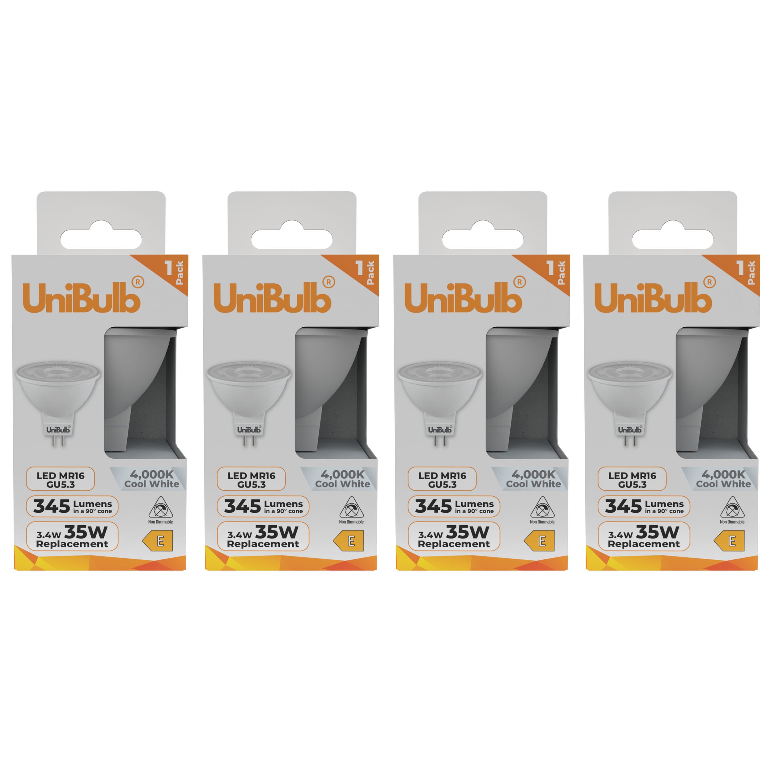 UniBulb 3.4W LED Cool White Spotlight GU5.3 Light Bulb - Pack of 4