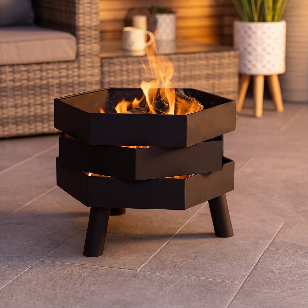 Charles Bentley Hexagonal 46cm Black Powder Coated Steel Modern Firepit - Black