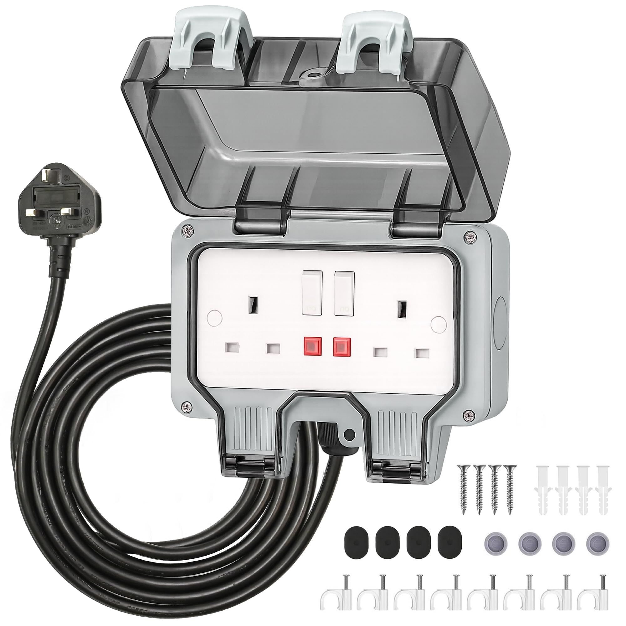 Desiretech IP66 Outdoor Double Switched Socket - 10 Metre Cable - Grey