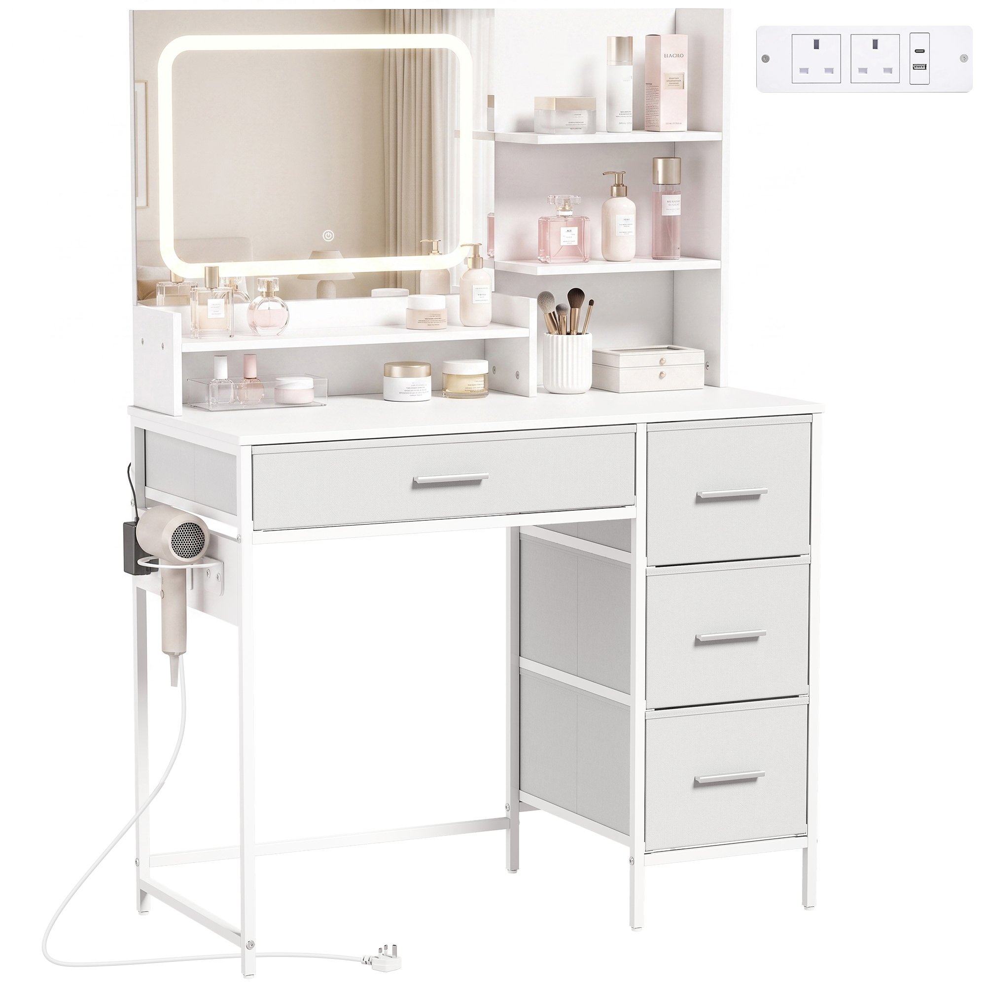 HOMCOM 4 Drawers Dressing Table with LED Mirror and Power Outlet - White
