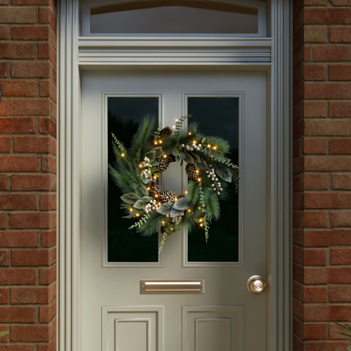 Indoor Outdoor 55cm Pre-Lit White Berry & Pinecone Eucalyptus Wreath