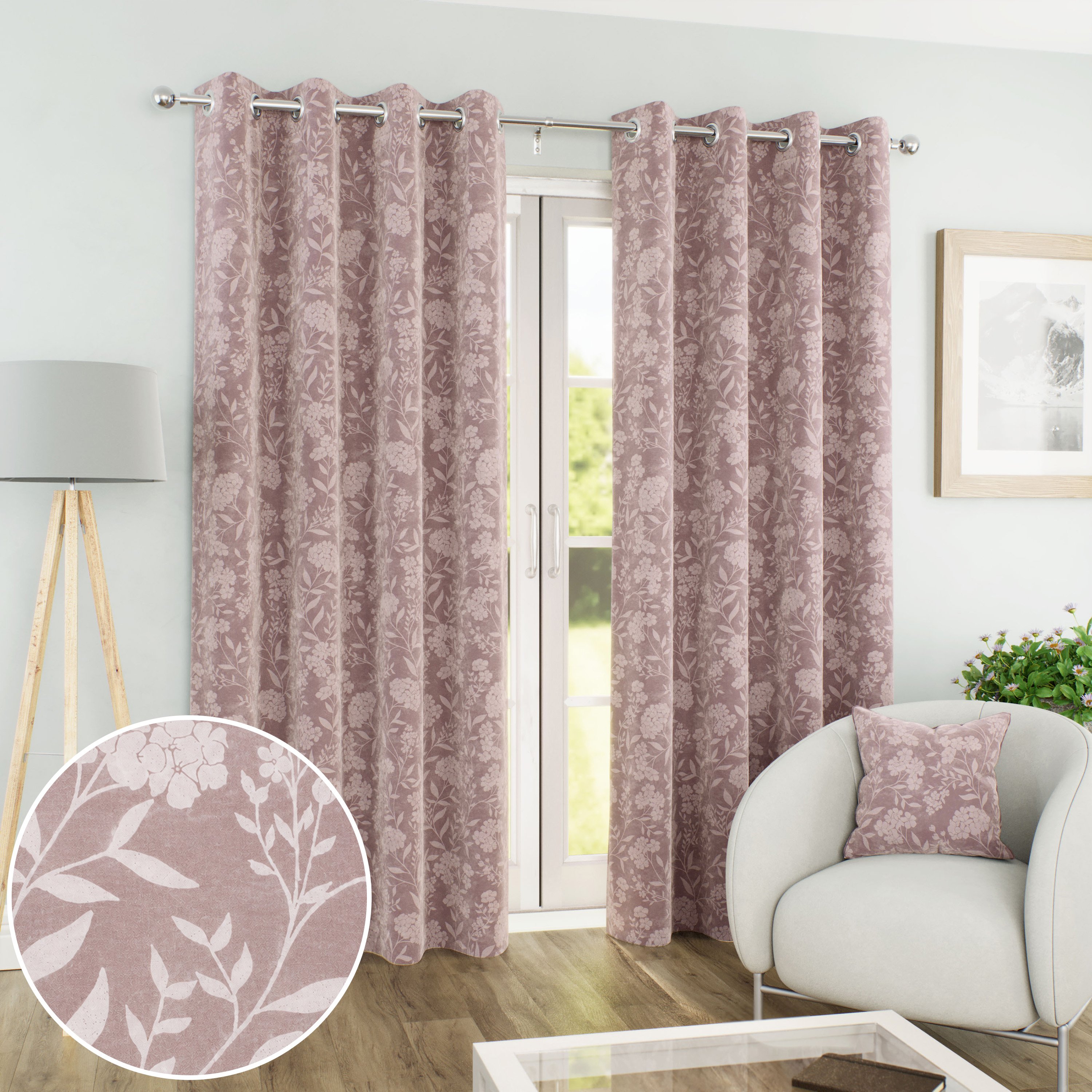 Enhanced Living Cuba Floral Blackout Eyelet Curtains - 117 x 137cm - Pink