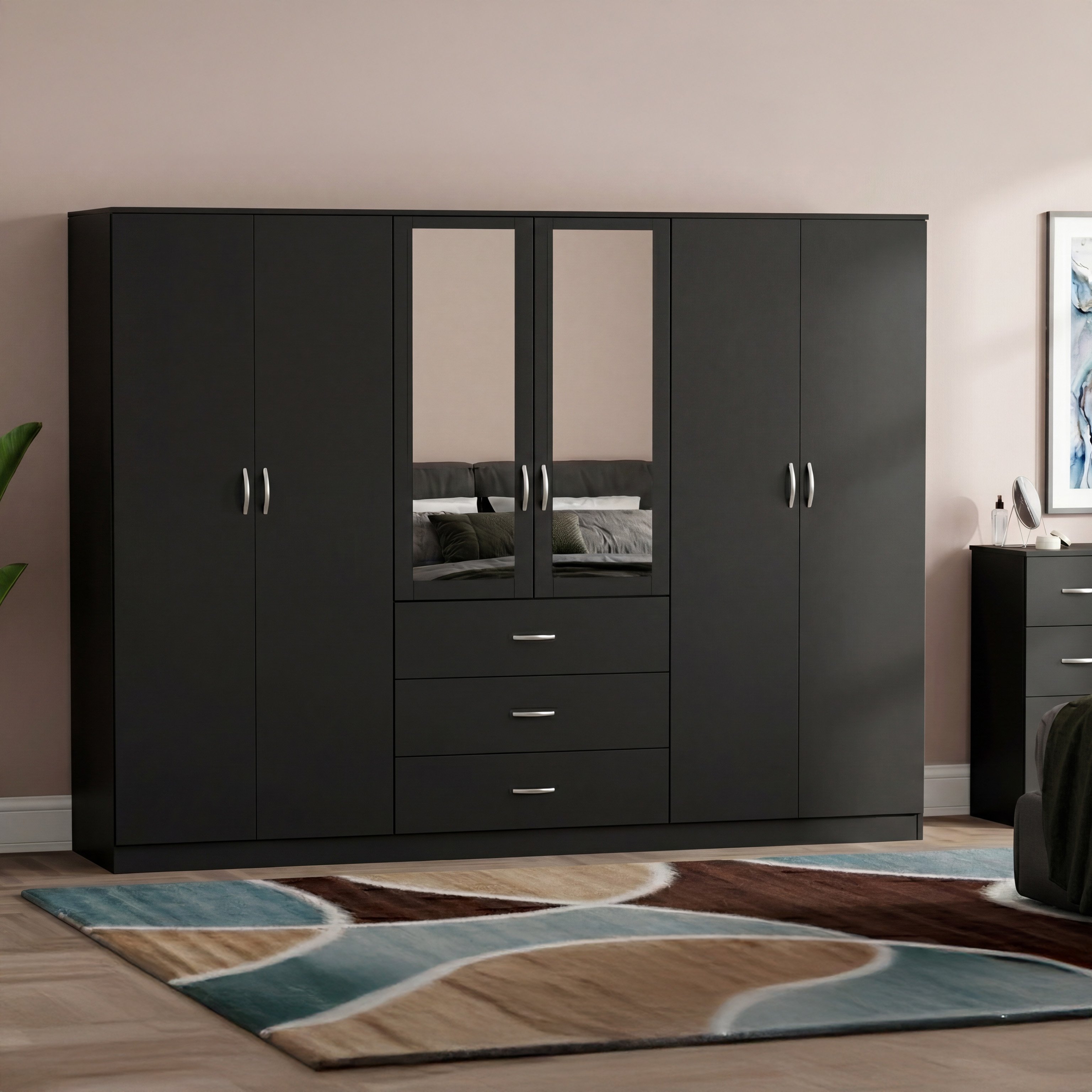Vida Designs Riano 6 Door 3 Drawer Mirrored Wardrobe - Black