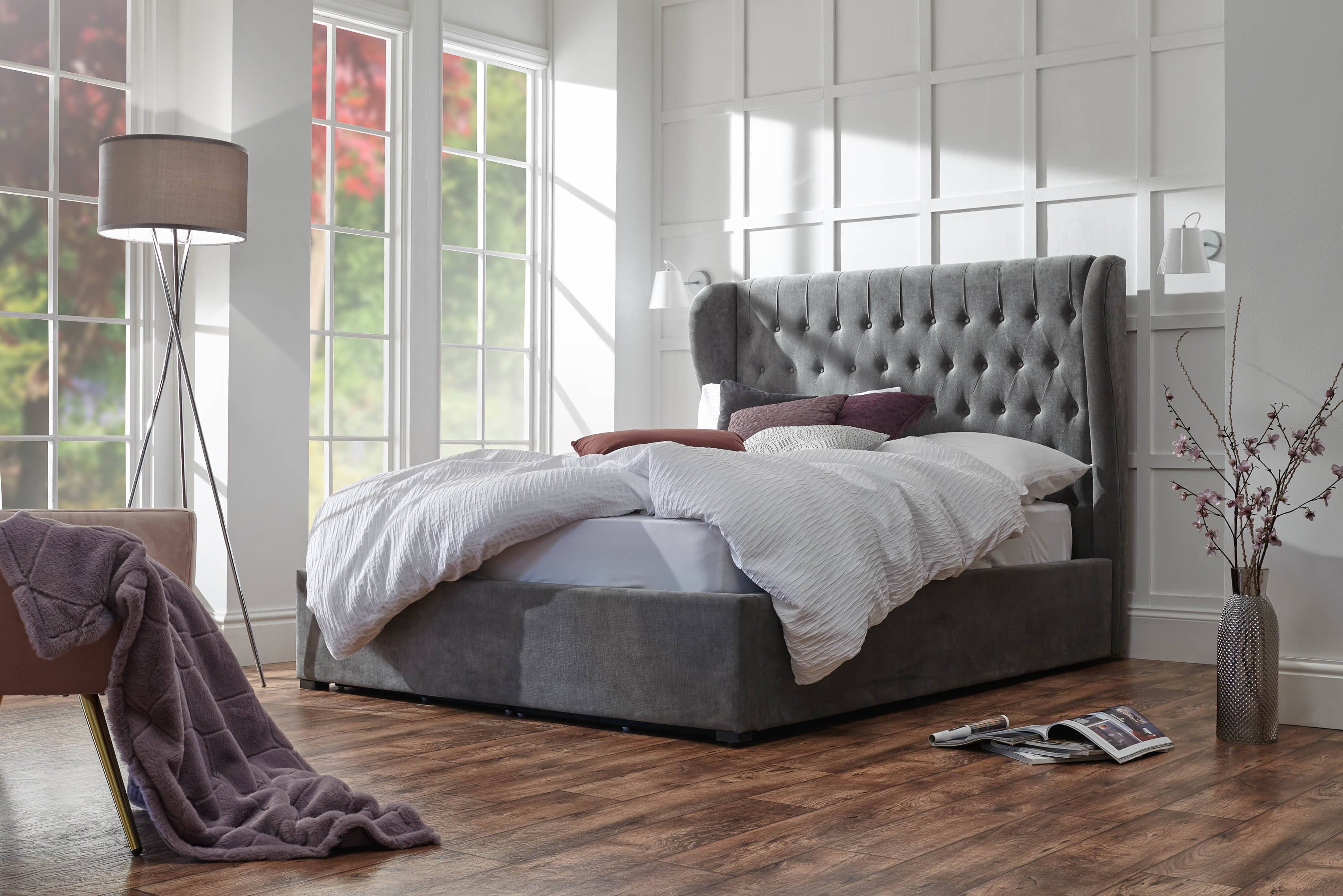 GFW Dakota King Size Chenille End Lift Ottoman Bed - Pewter