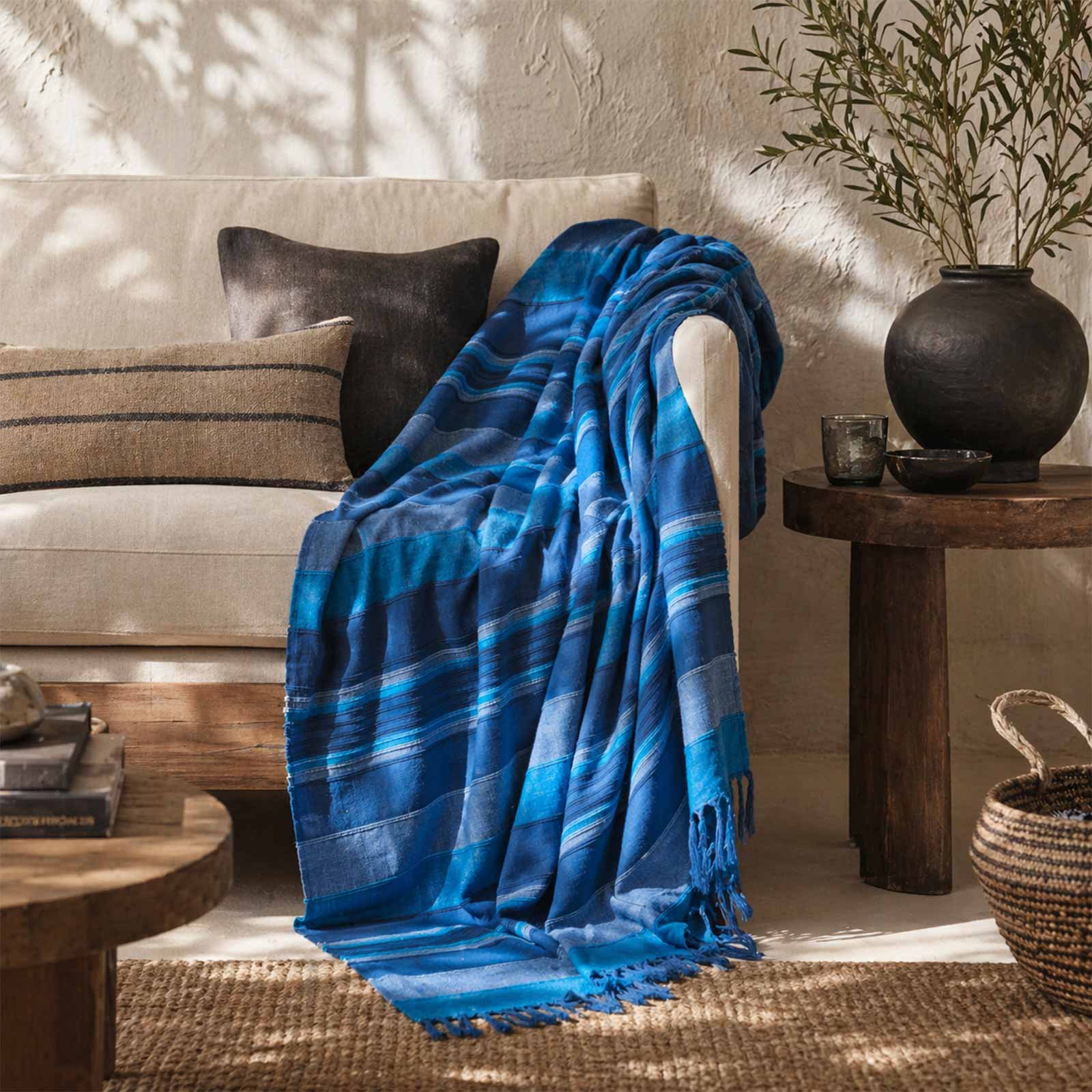 Homescapes Cotton Morocco Striped Throw - 150 x 200 cm - Blue